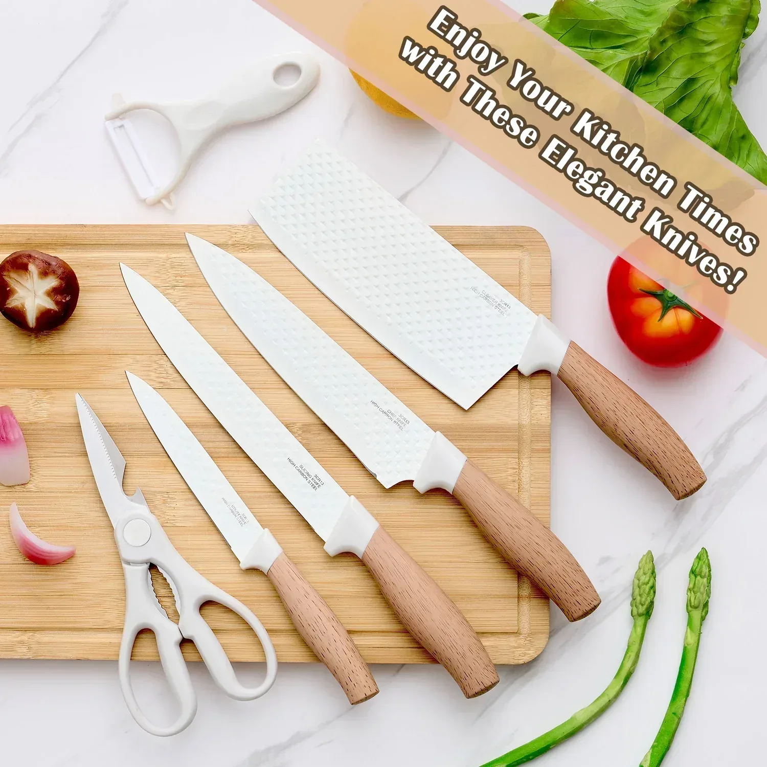 Vesteel Kitchen Knife Set of 7, Professional Stainless Steel Knives Set for Kitchen with Universal Knife Block - Khaki - Image 35