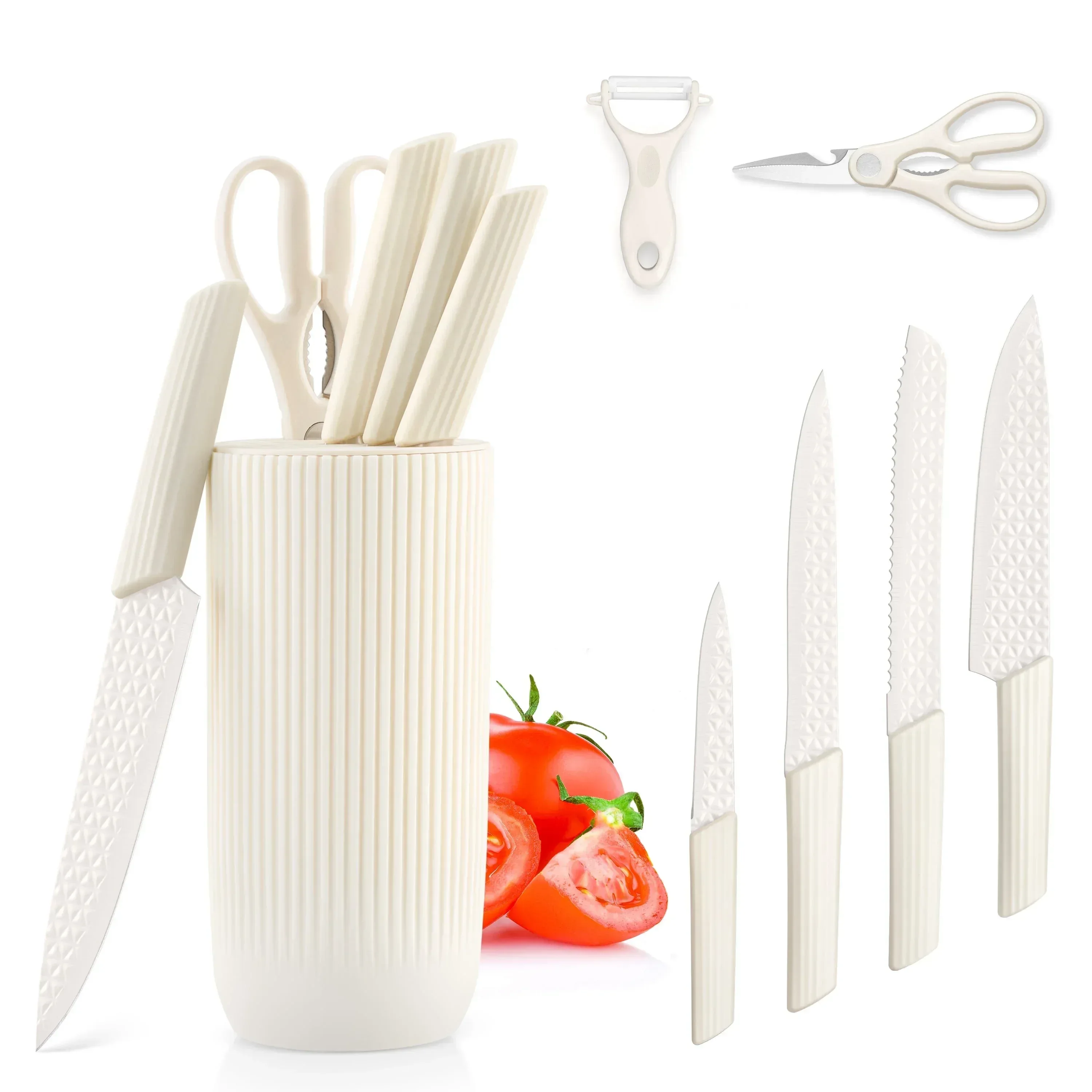Vesteel Kitchen Knife Set of 7, Professional Stainless Steel Knives Set for Kitchen with Universal Knife Block - Khaki - Image 36