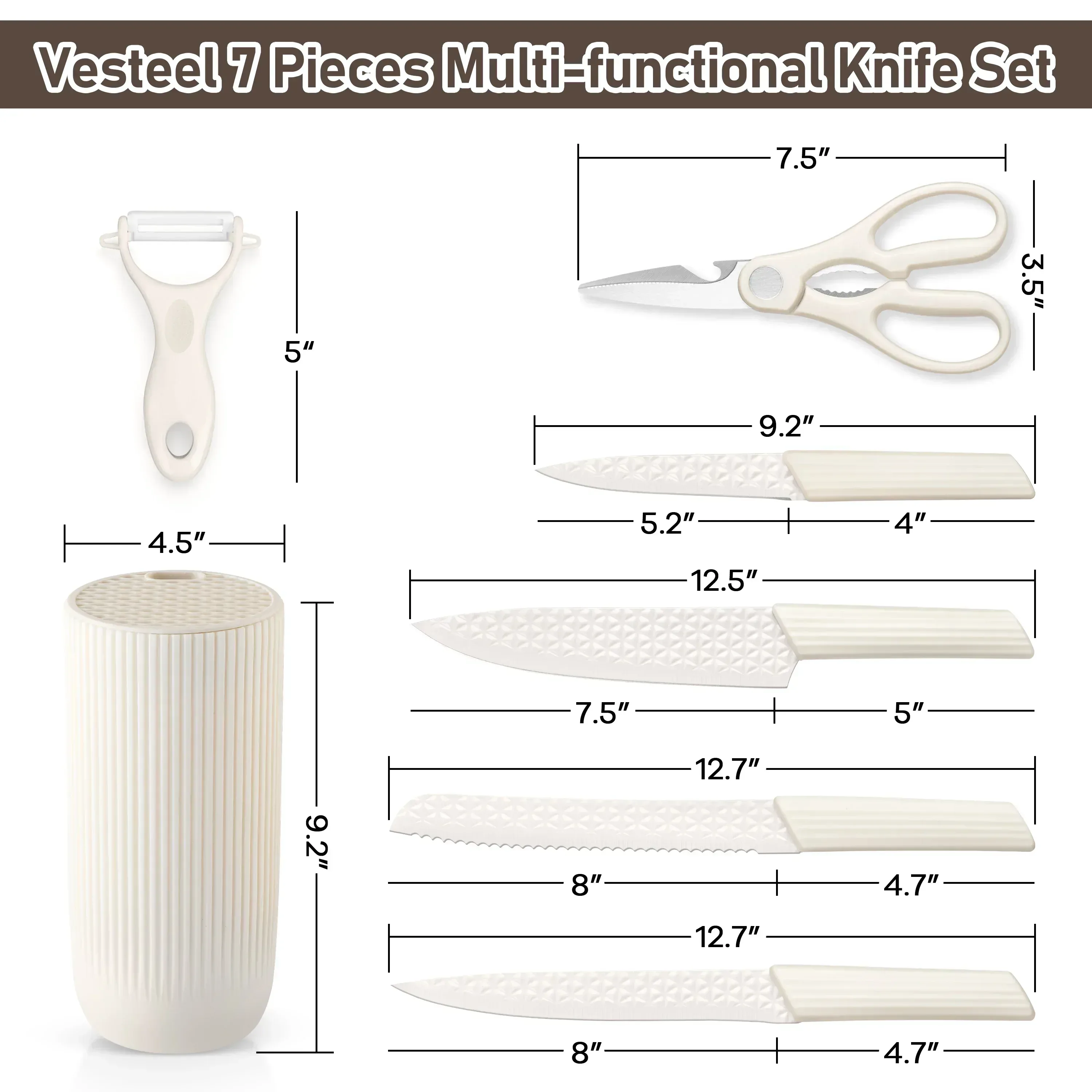 Vesteel Kitchen Knife Set of 7, Professional Stainless Steel Knives Set for Kitchen with Universal Knife Block - Khaki - Image 37