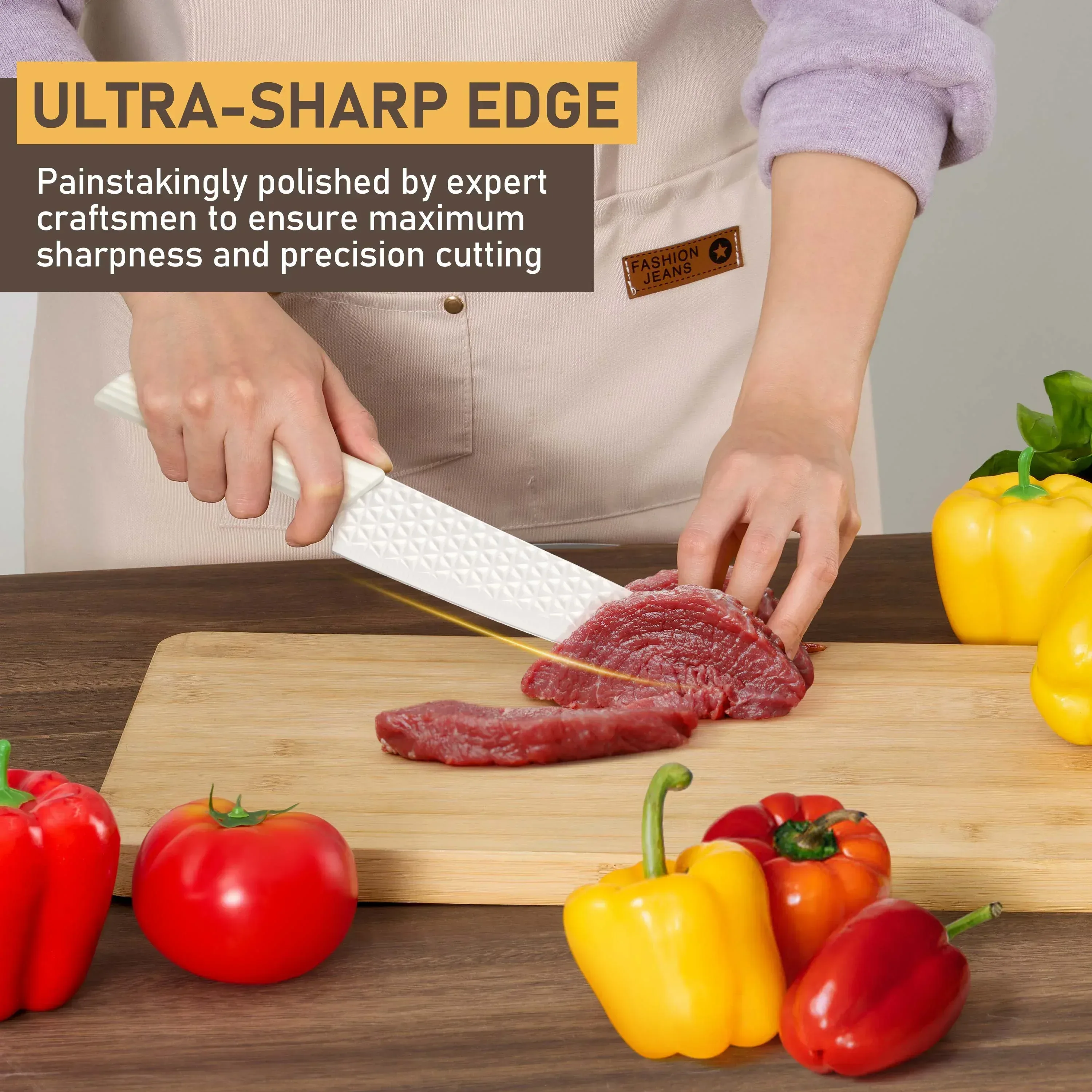 Vesteel Kitchen Knife Set of 7, Professional Stainless Steel Knives Set for Kitchen with Universal Knife Block - Khaki - Image 42
