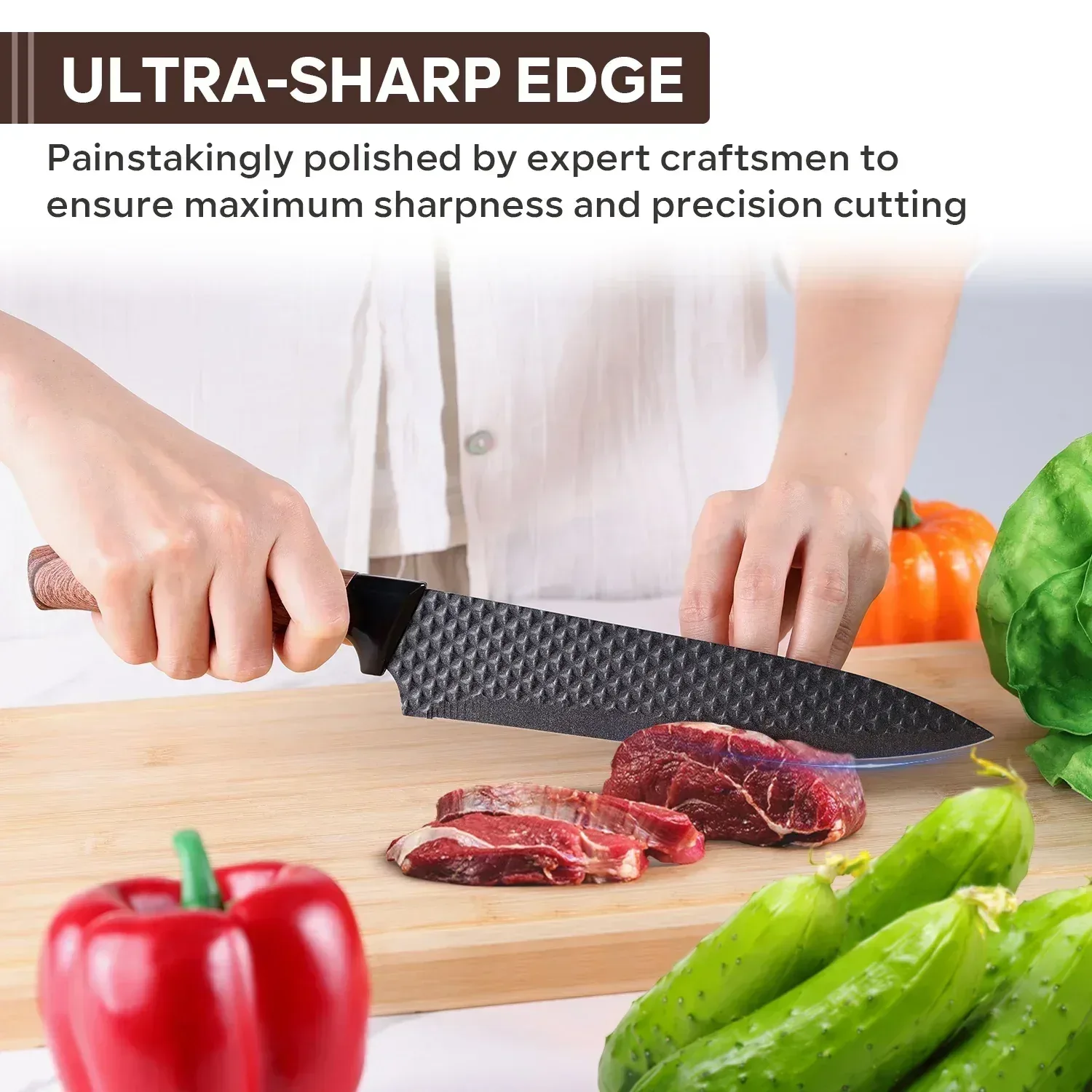 Vesteel Kitchen Knife Set of 7, Professional Stainless Steel Knives Set for Kitchen with Universal Knife Block - Khaki - Image 6
