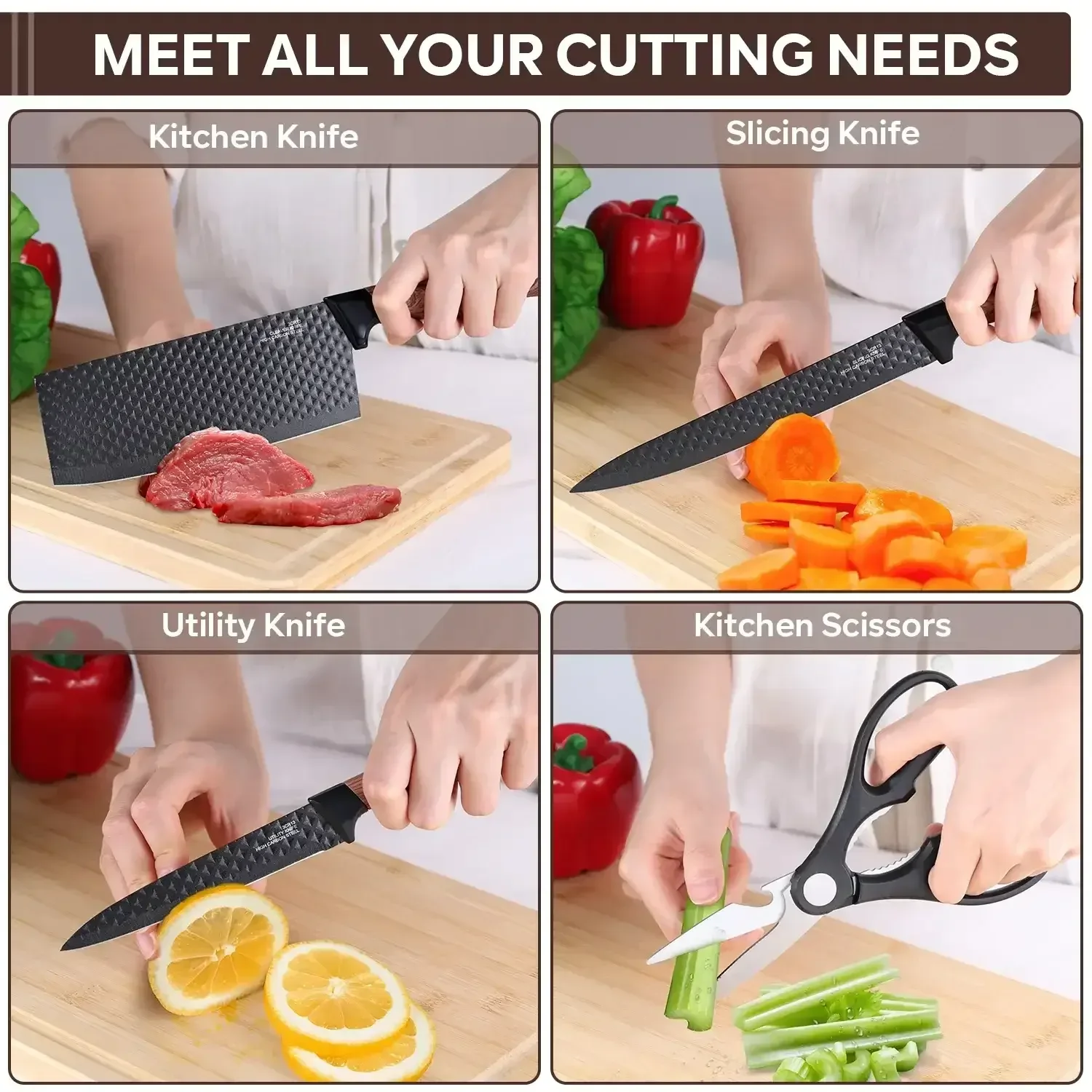 Vesteel Kitchen Knife Set of 7, Professional Stainless Steel Knives Set for Kitchen with Universal Knife Block - Khaki - Image 7