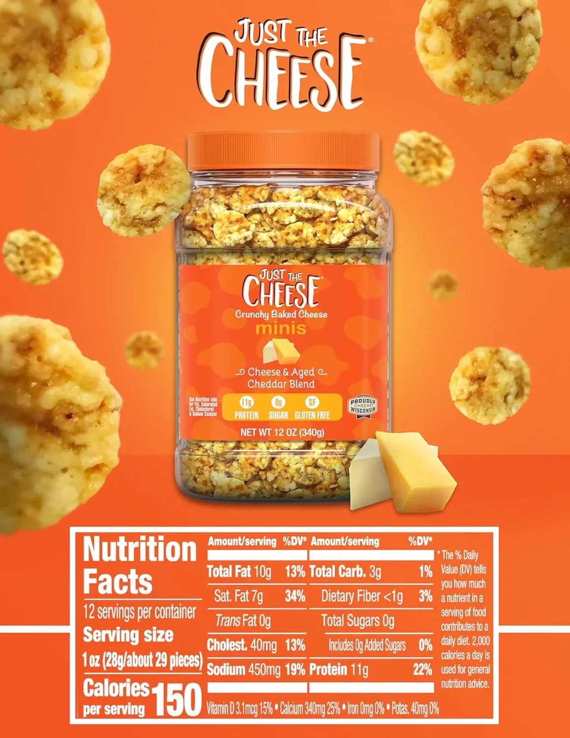 Just the Cheese Minis – Cheese & Aged Cheddar Blend Crisps, 12 oz Jar, Delicious Low-Carb Lifestyle Protein Chips, High-Protein, Gluten-Free Crisps, Keto-Friendly, Zero Sugar, Perfect Snack for Adults - Image 3