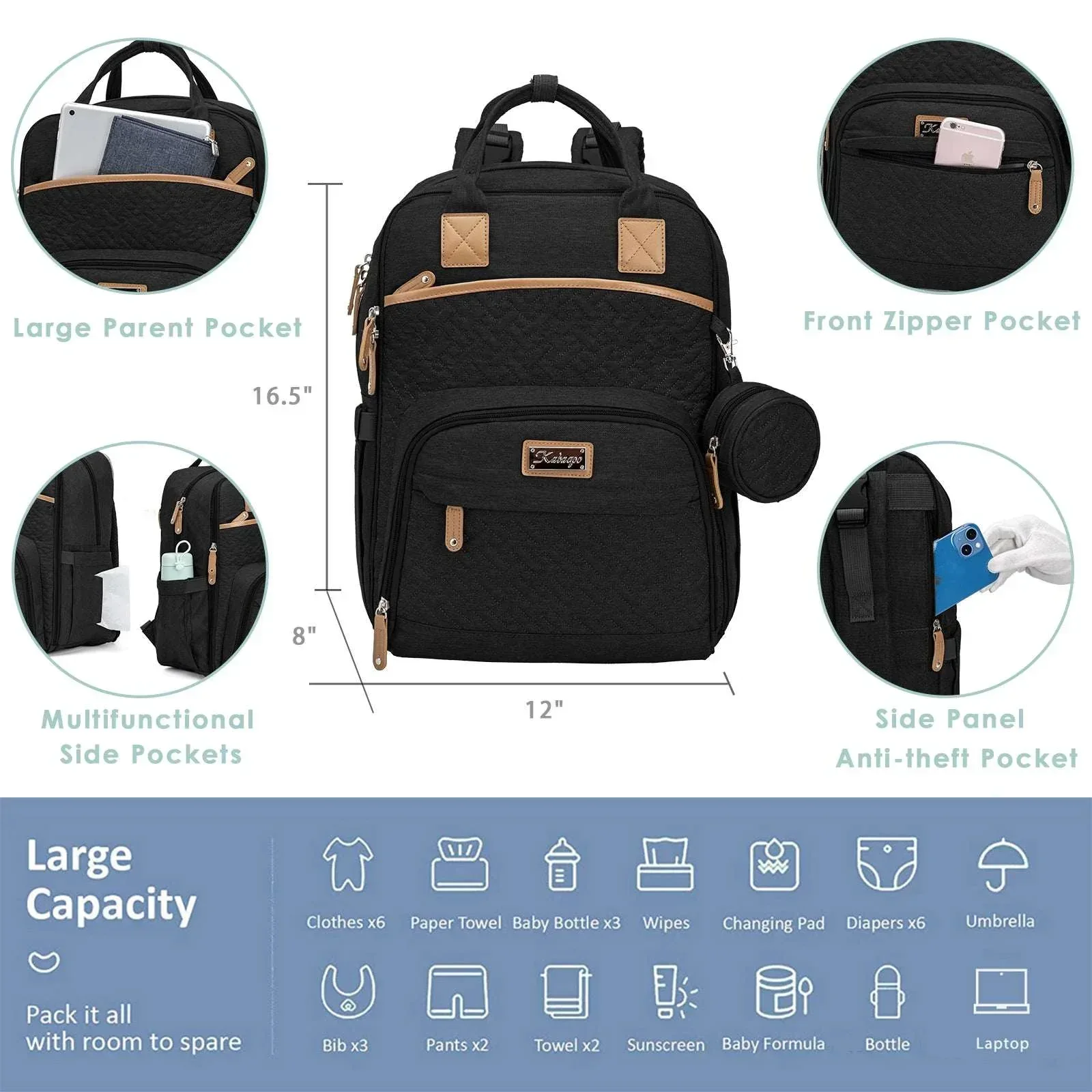 Kabaqoo Large Baby Diaper Backpack, Multifunction Waterproof Mom Bag with Changing Pad, black - Image 3