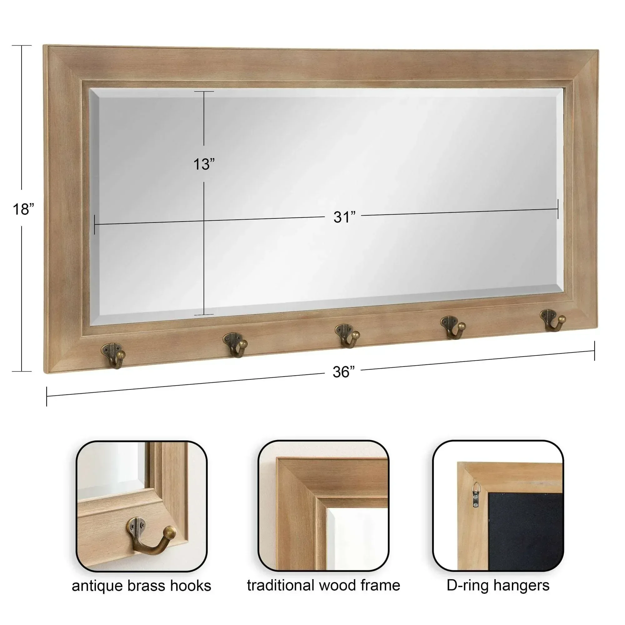 Kate and Laurel Pub Mirror with 5 Metal Hooks, Rustic Gray - Image 3