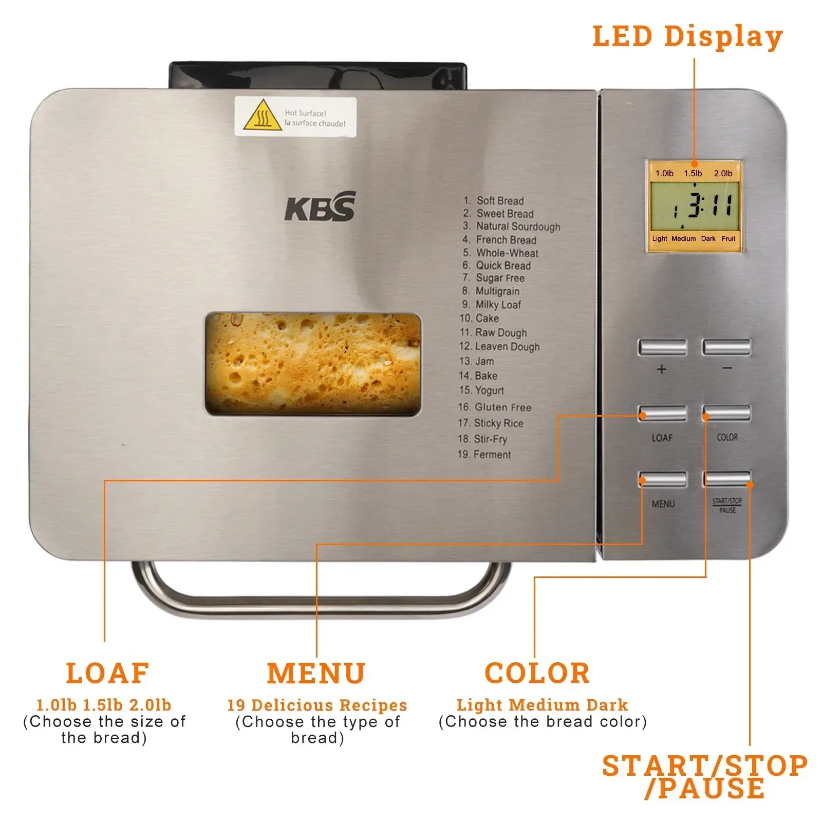 KBS 19-in-1 2LB Bread Maker Machine Fully Automatic LCD Display,Stainless Steel Model# 013 - Image 2