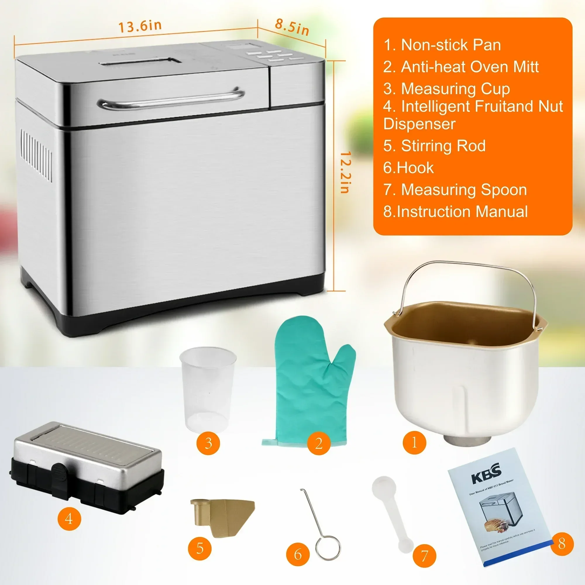 KBS 19-in-1 2LB Bread Maker Machine Fully Automatic LCD Display,Stainless Steel Model# 013 - Image 3