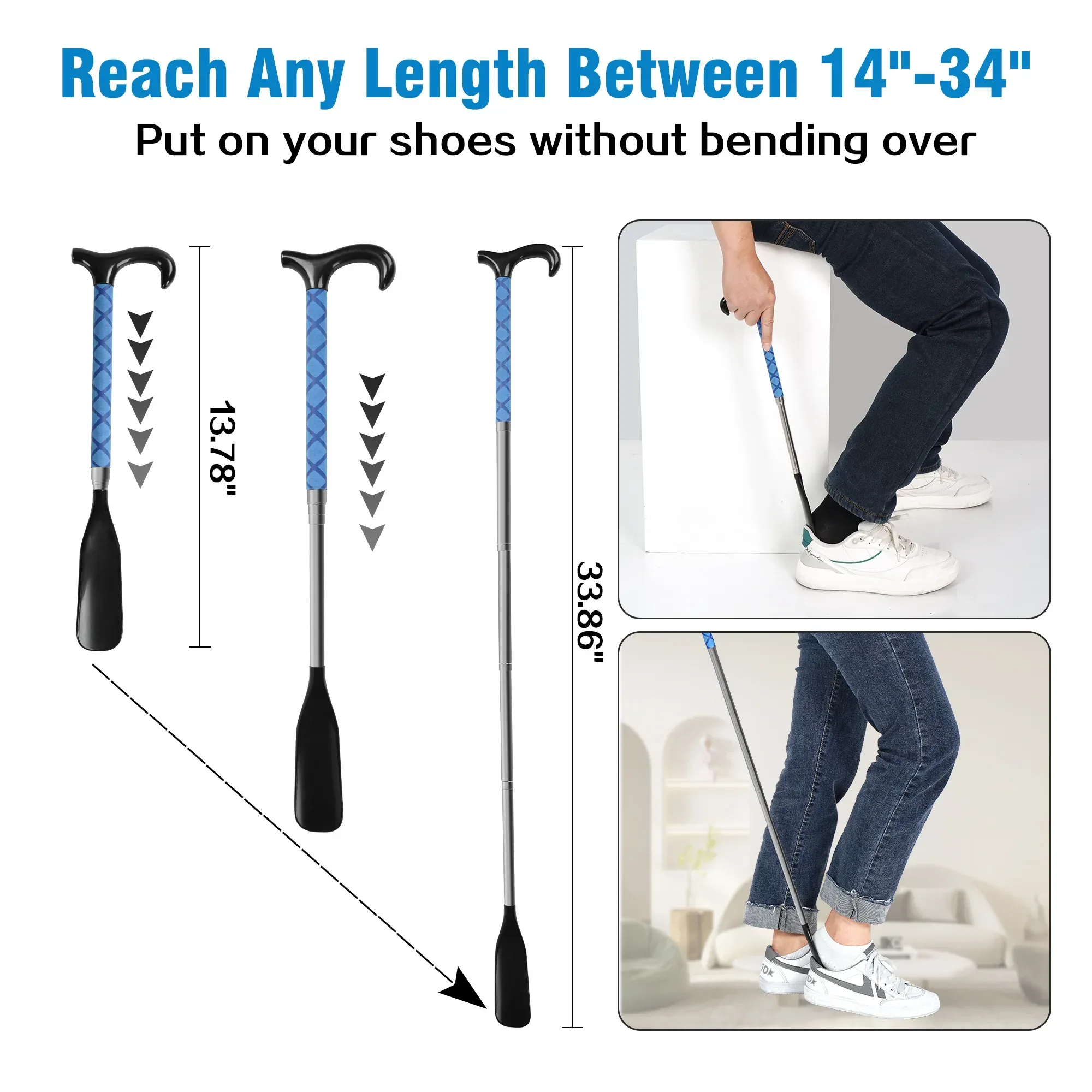 KEKOY Shoe Horn with Long Handle, 14" to 34" Adjustable and Retractable Expander Shoe Stick, Portable Stainless Steel Long Shoehorn for Seniors with Travel Bag - Image 2