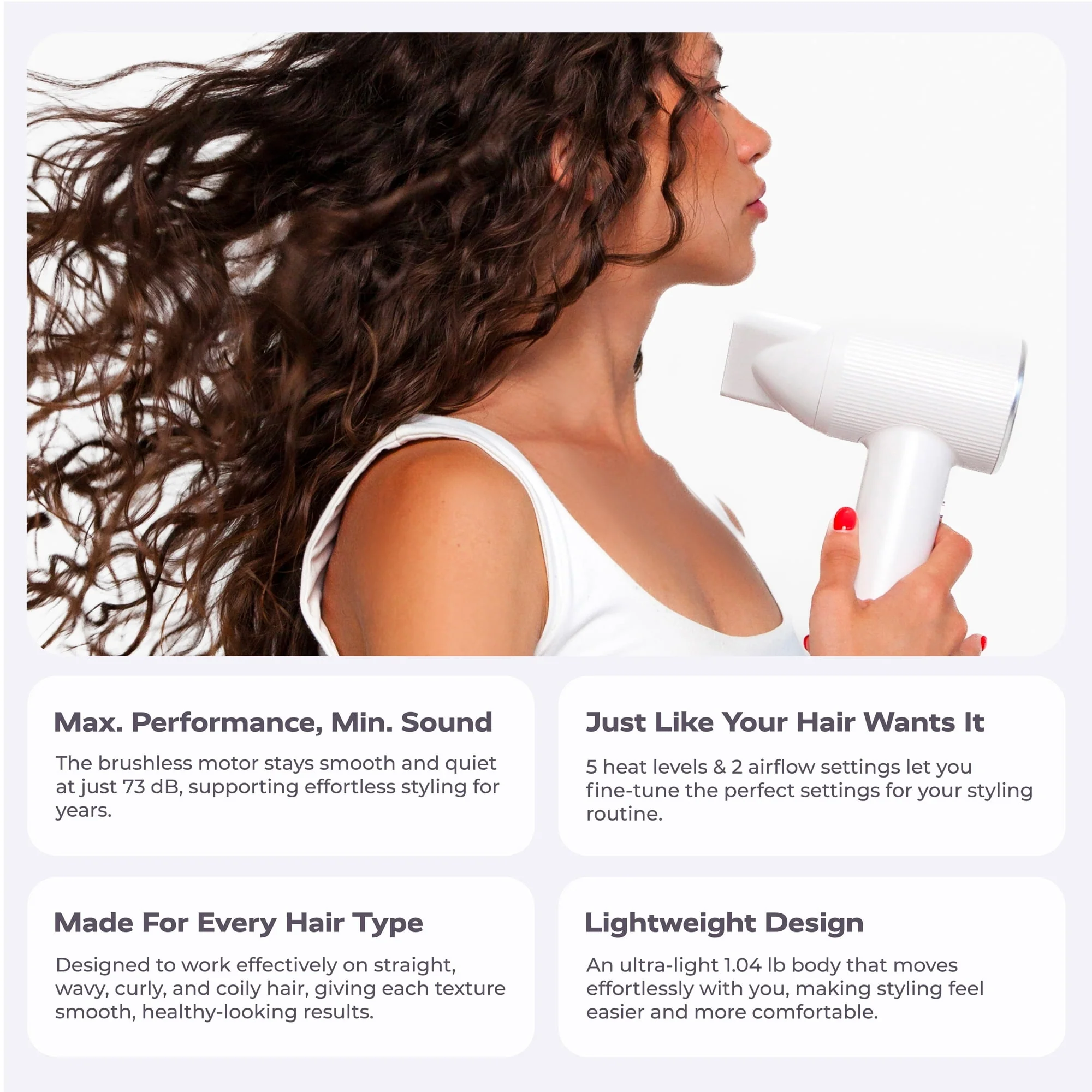 KENZZI Salon Pro+ Ionic Hair Dryer, 1300W High-Speed 110,000 RPM Brushless Motor with LED Display, White - Image 4