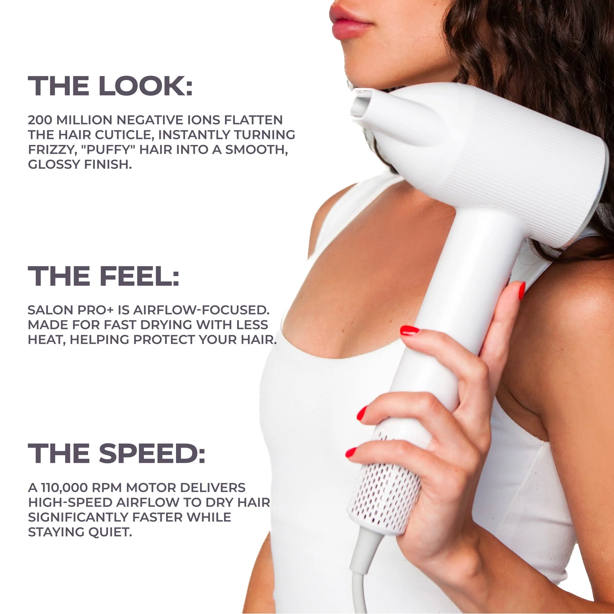 KENZZI Salon Pro+ Ionic Hair Dryer, 1300W High-Speed 110,000 RPM Brushless Motor with LED Display, White - Image 8