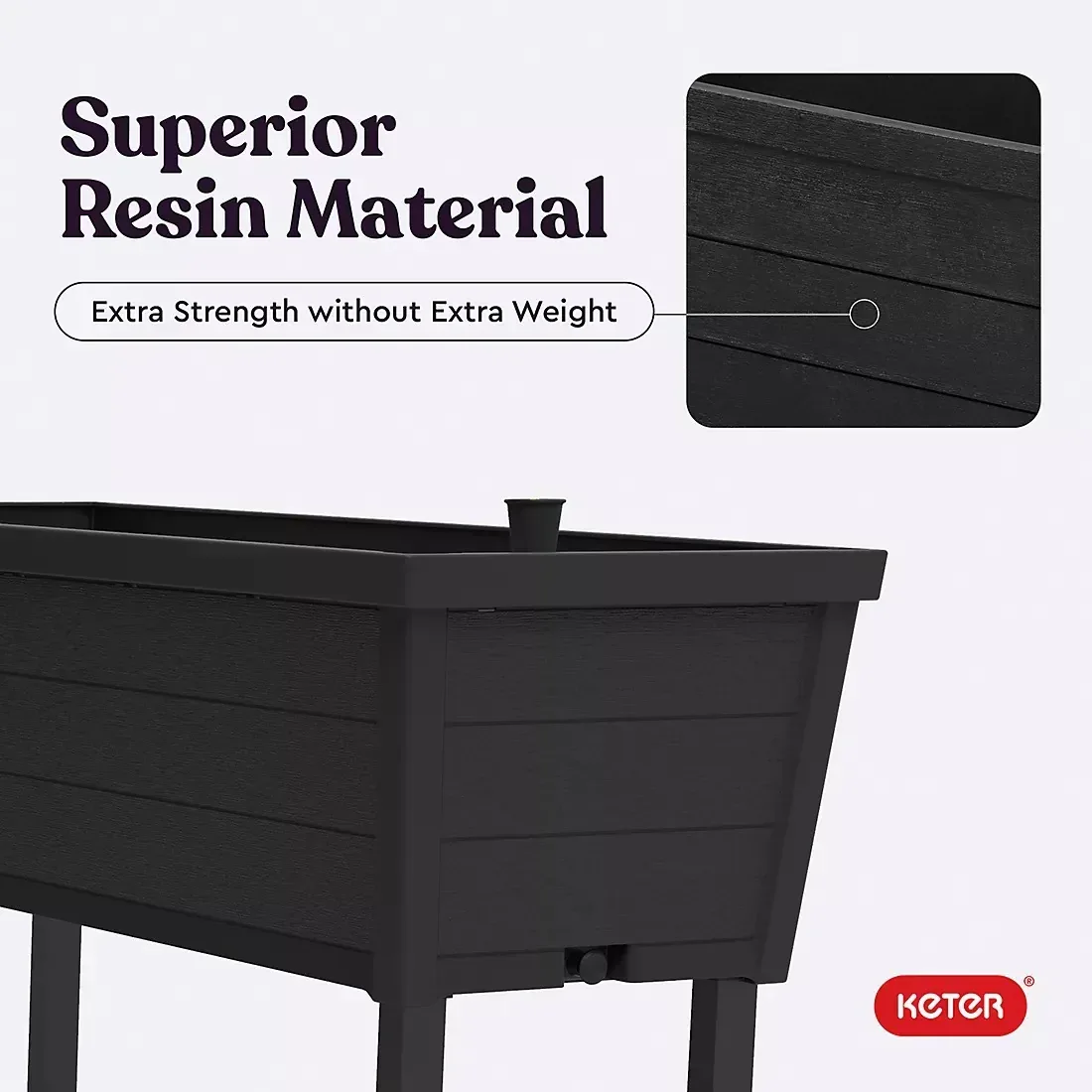 Keter Alfresco Garden Bed Planter 44" x 18" x 33" Durable Wood-Look with Self-Watering and Drainage System, Black - Image 2