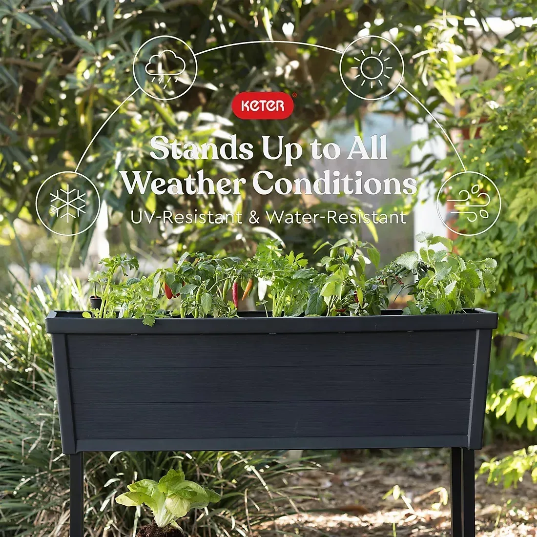 Keter Alfresco Garden Bed Planter 44" x 18" x 33" Durable Wood-Look with Self-Watering and Drainage System, Black - Image 3