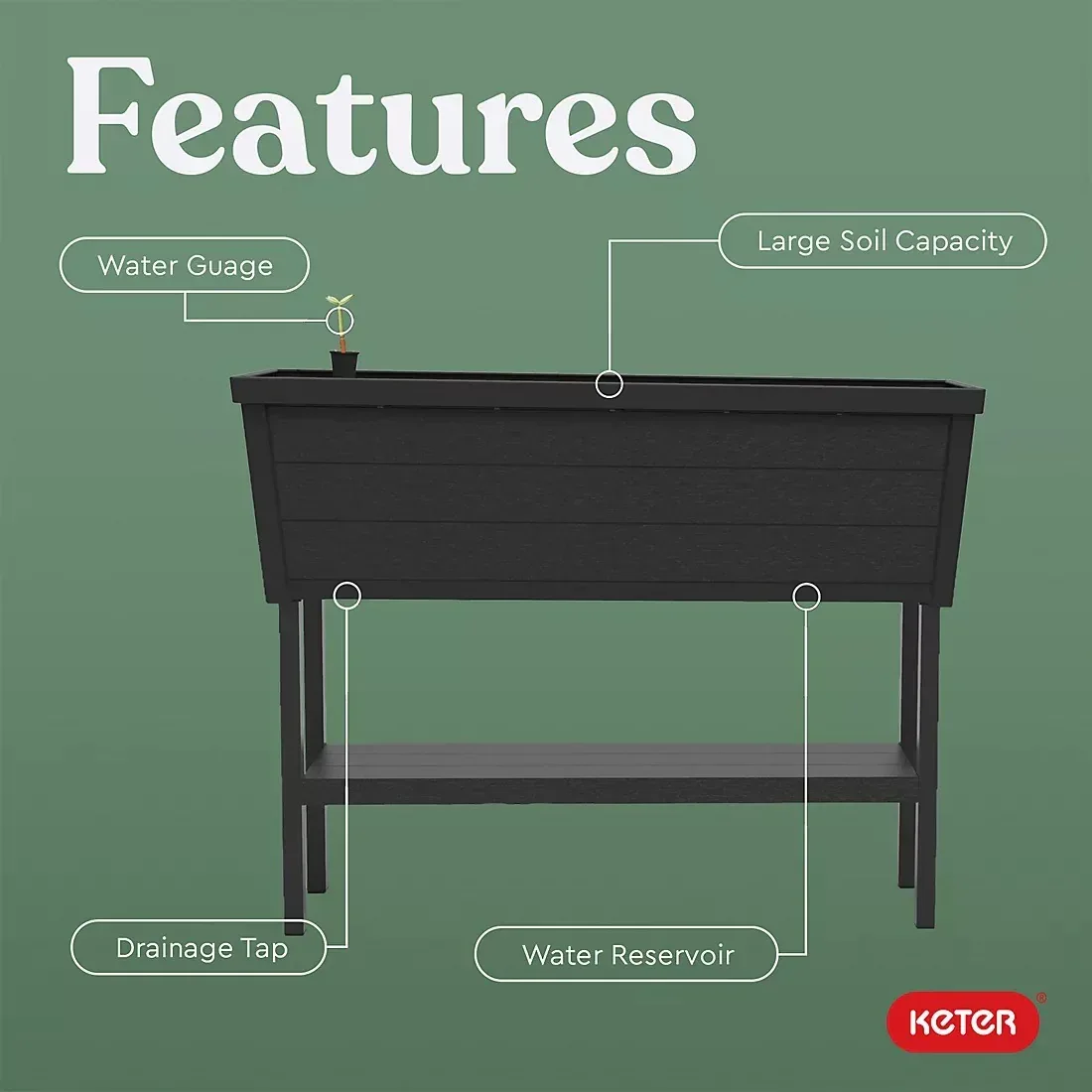 Keter Alfresco Garden Bed Planter 44" x 18" x 33" Durable Wood-Look with Self-Watering and Drainage System, Black - Image 5