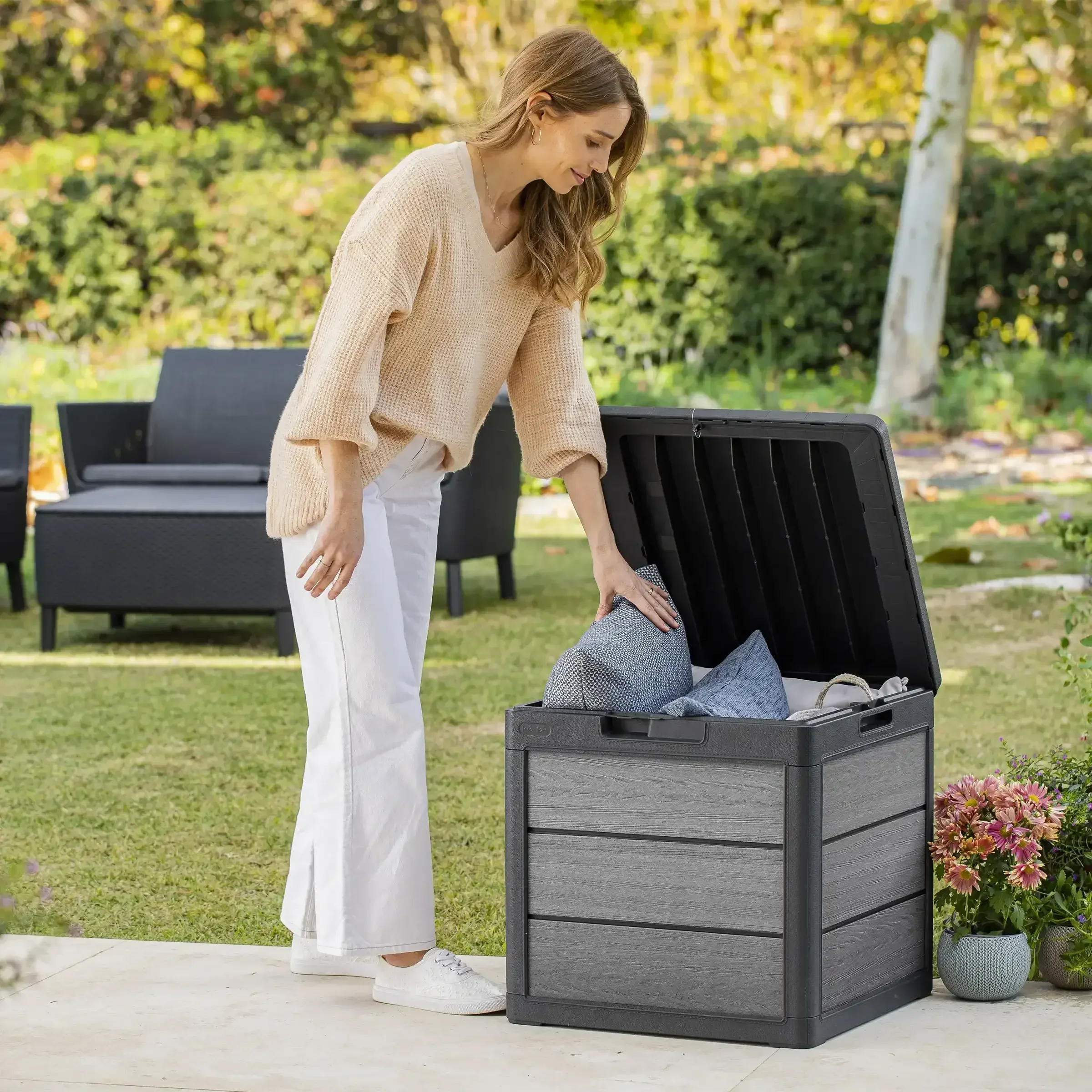 Keter Cortina 30 Gallon Resin Deck Box for Patio Outdoor Storage, Grey - Image 5