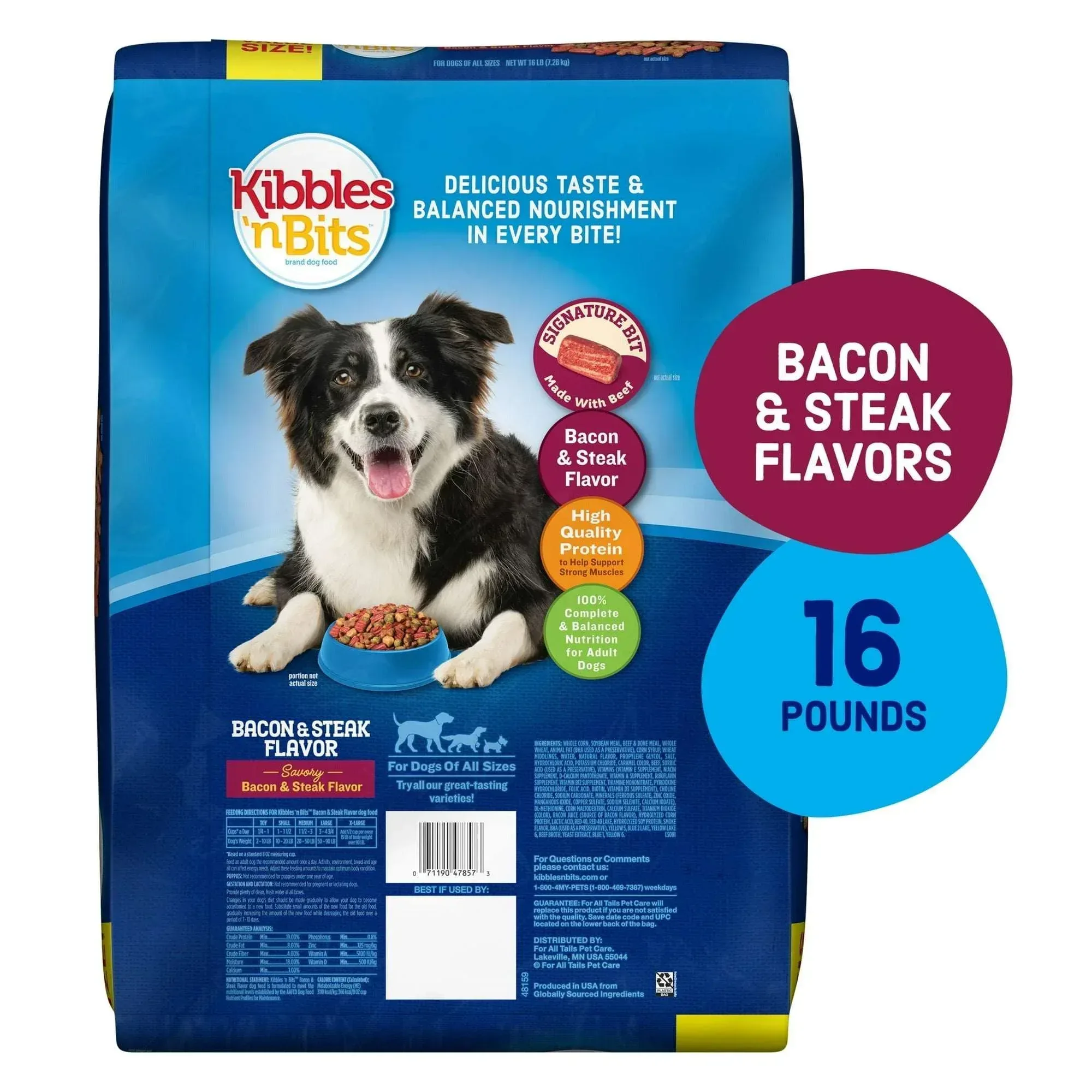 Kibbles 'n Bits Dry Dog Food for Adult Dogs, Savory Bacon & Steak Flavor, 16 lb. Bag - Image 3