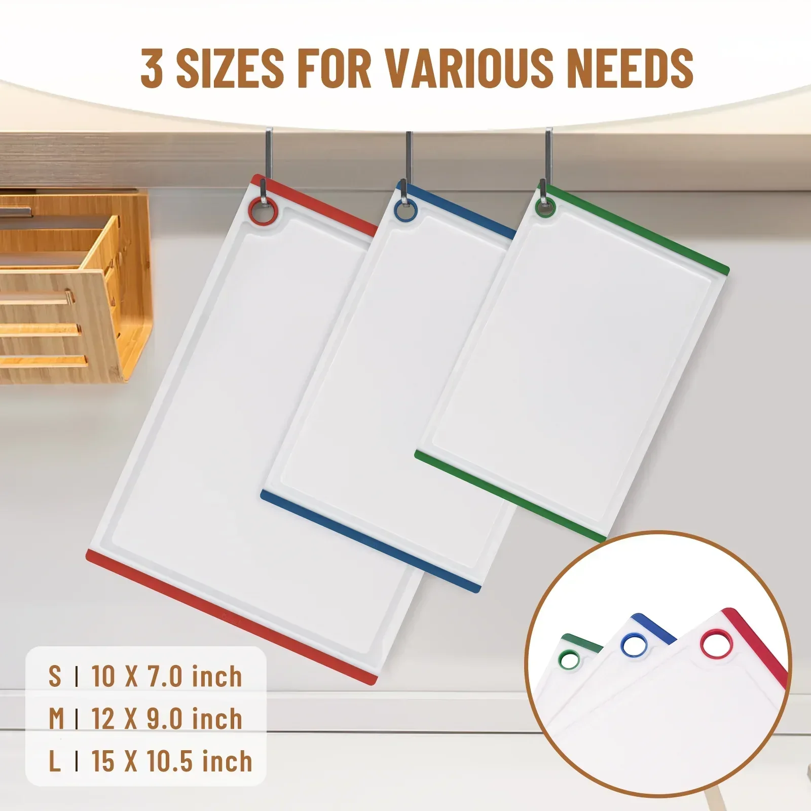 Kikcoin 3-Piece Plastic Large Cutting Boards Set for Kitchen, Non-slip Feet and Juice Grooves, Multicolor - Image 3