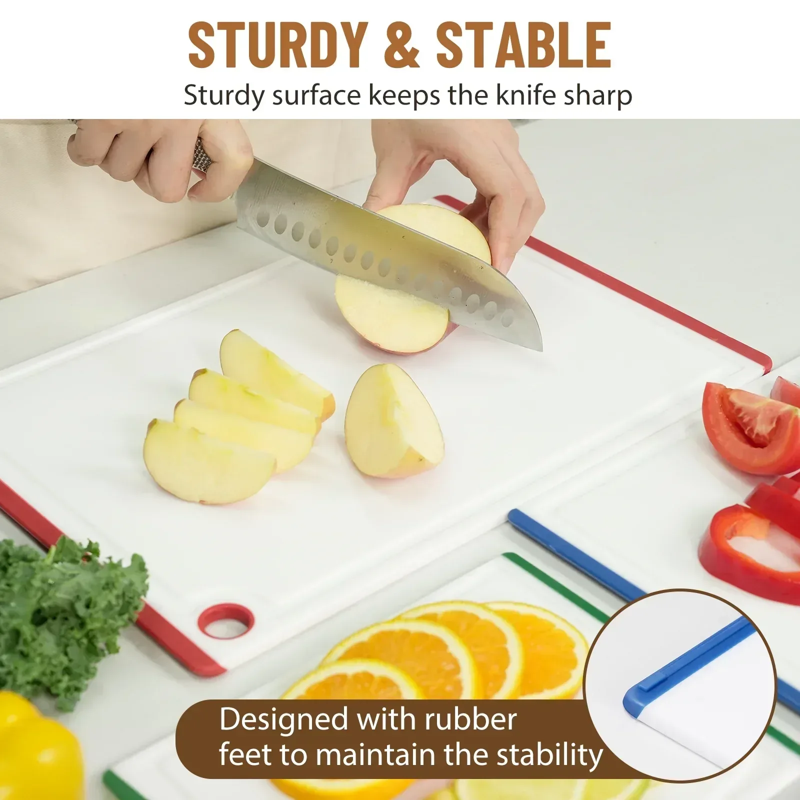 Kikcoin 3-Piece Plastic Large Cutting Boards Set for Kitchen, Non-slip Feet and Juice Grooves, Multicolor - Image 7