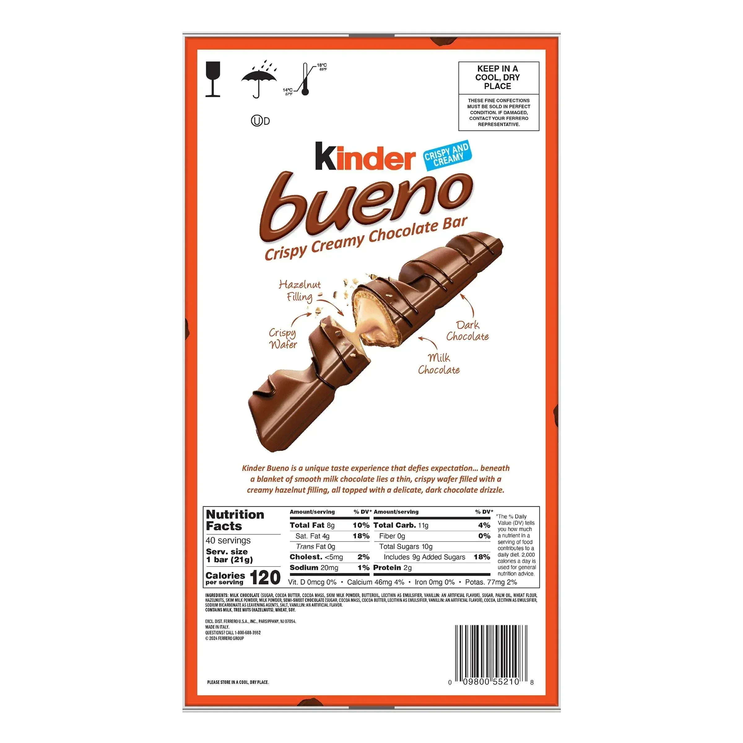 Kinder Bueno Chocolate and Hazelnut Chocolate Bars, 2 Bars, 1.5 oz, 20 Pack - Image 3