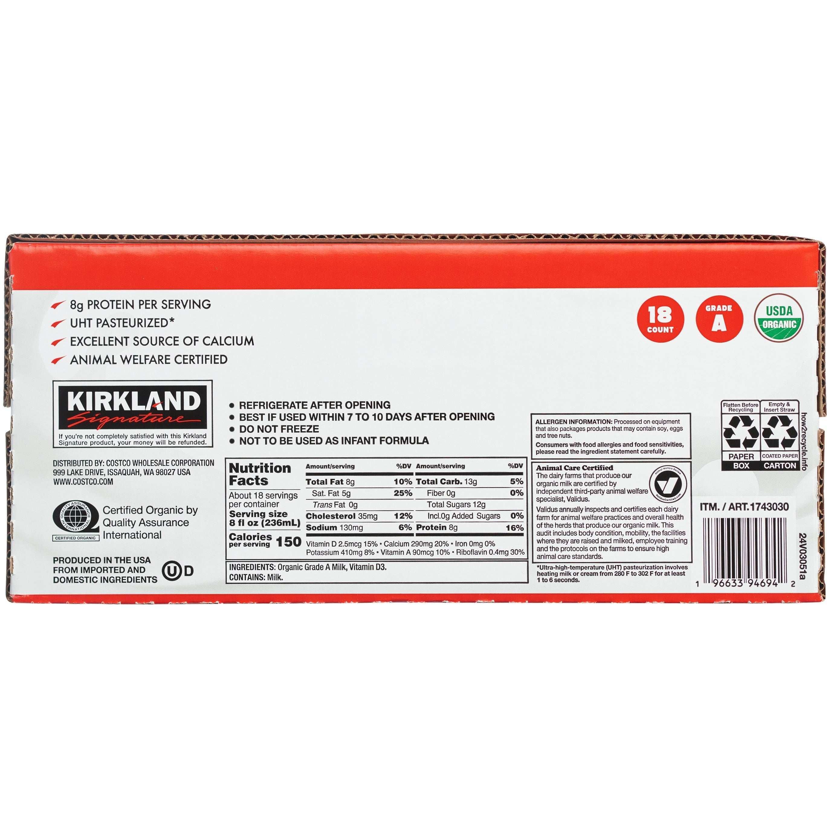 Kirkland Signature Organic Whole Milk, 8 fl oz, 18-count - Image 3