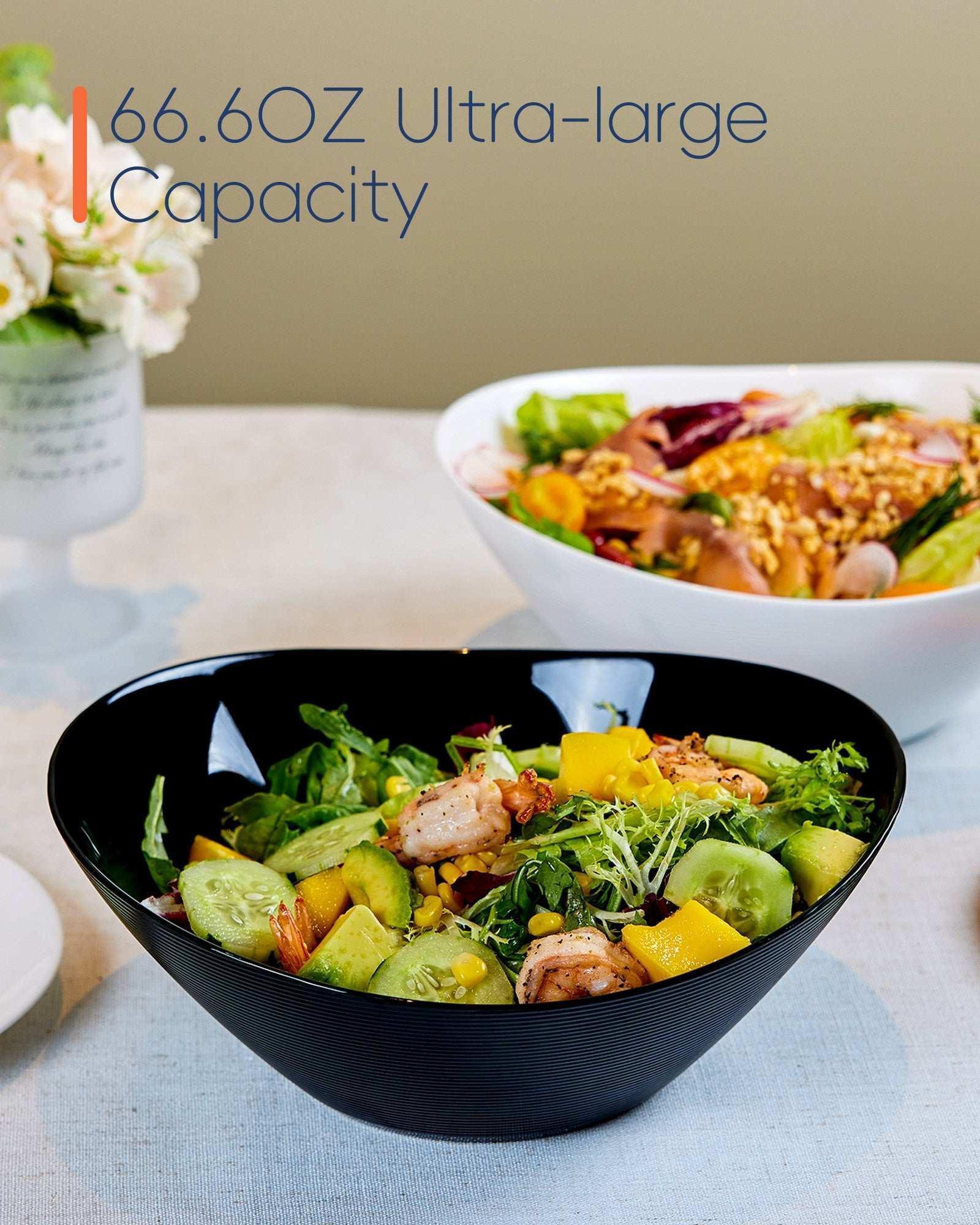 LaGlint 66 OZ Large Salad Bowl Set of 2, Opal Glass 10 inch Lightweight Serving Dishes for Salad, Fruit, Kitchen Microwave & Dishwasher Safe, Oval Shape Black - Image 2