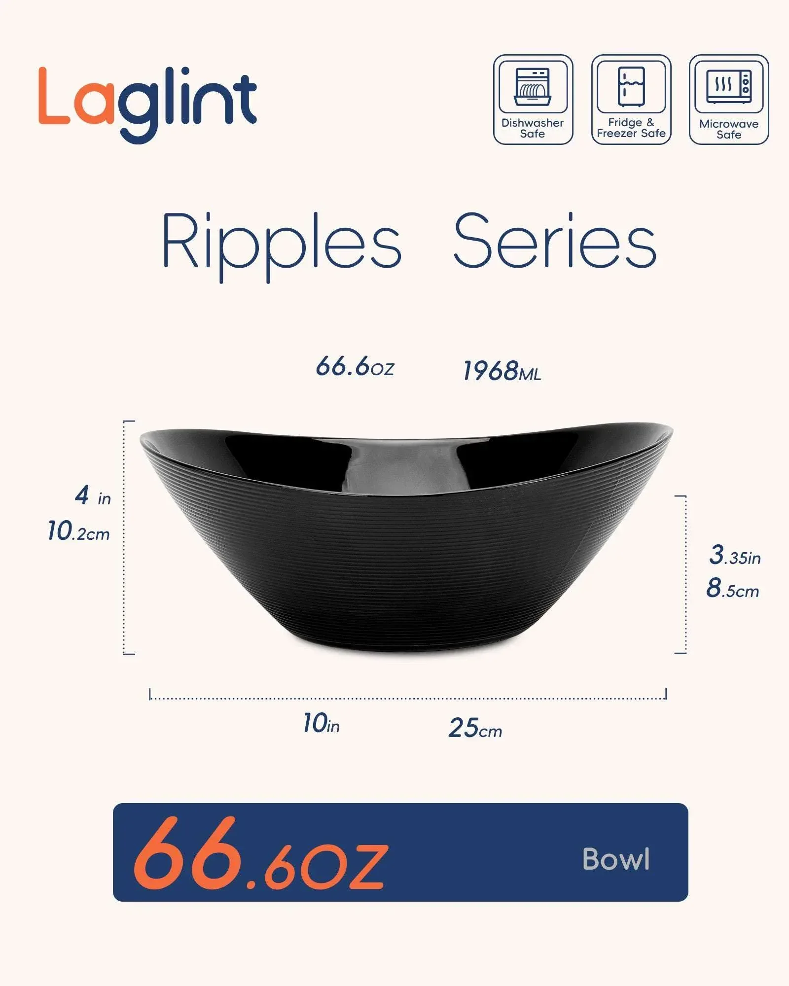 LaGlint 66 OZ Large Salad Bowl Set of 2, Opal Glass 10 inch Lightweight Serving Dishes for Salad, Fruit, Kitchen Microwave & Dishwasher Safe, Oval Shape Black - Image 7