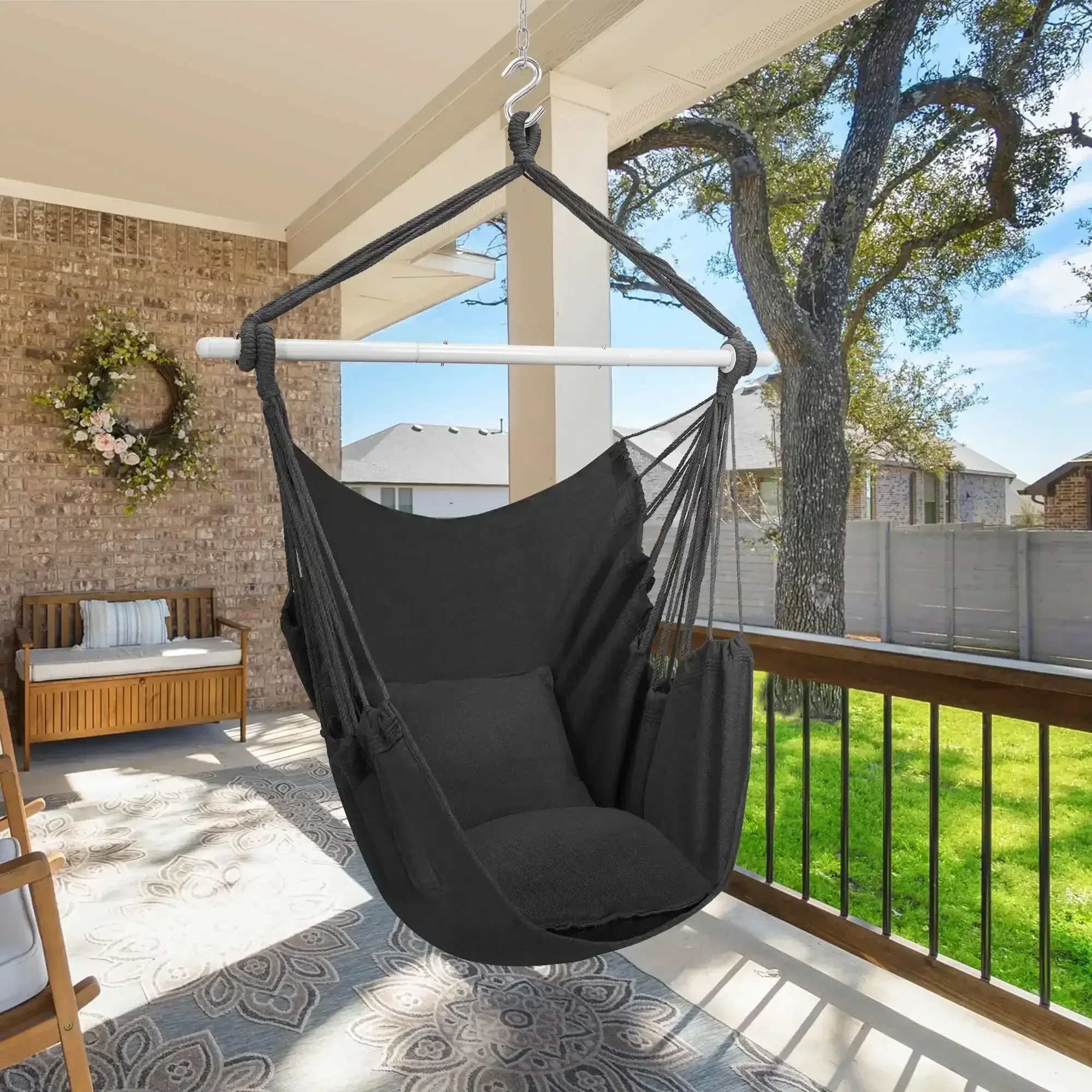 Large Hammock Chair Swing, Relax Hanging Rope Swing Chair with Detachable Metal Support Bar & Two Seat Cushions, Cotton Hammock Chair Swing Seat for Yard Bedroom Patio Porch Indoor Outdoor - Image 11