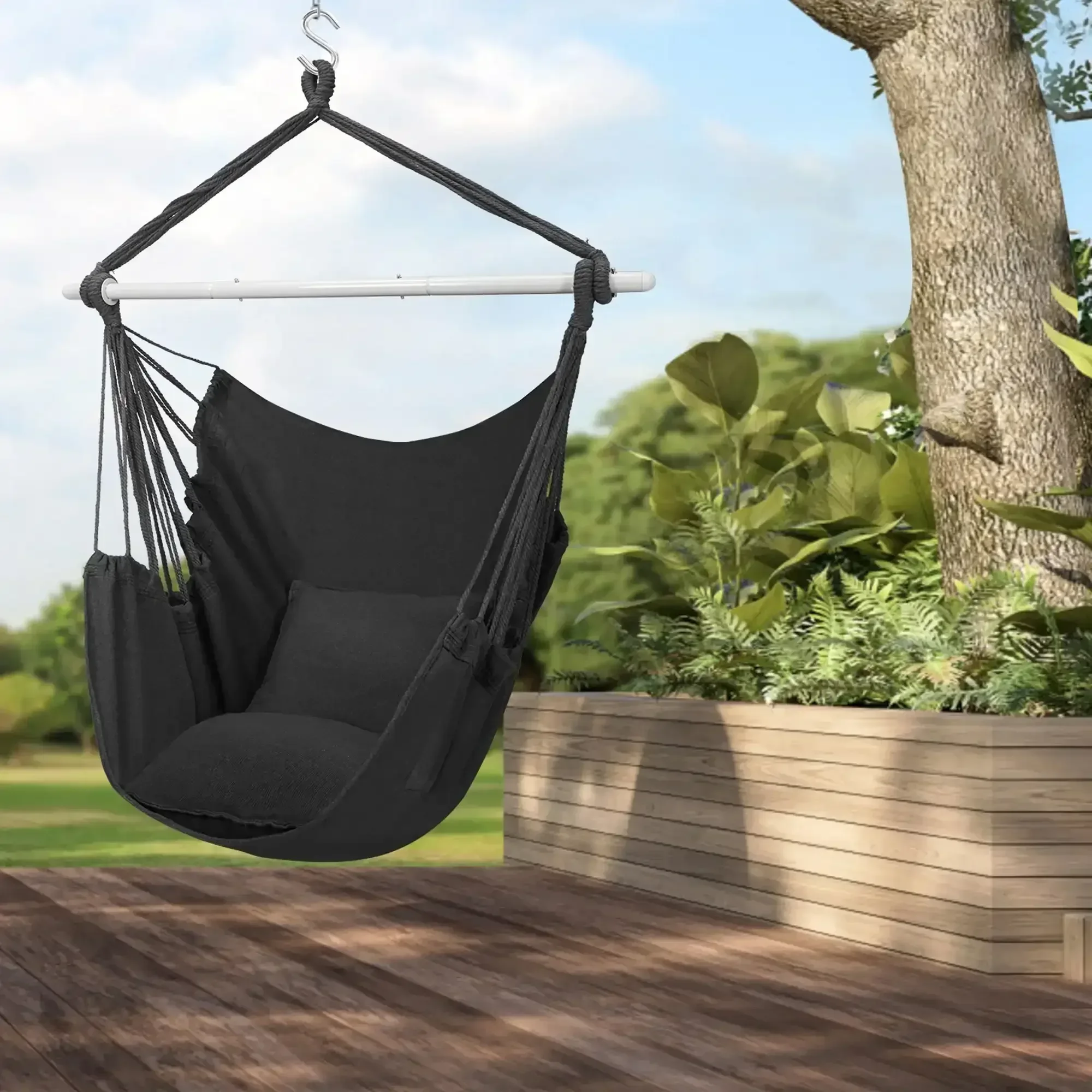 Large Hammock Chair Swing, Relax Hanging Rope Swing Chair with Detachable Metal Support Bar & Two Seat Cushions, Cotton Hammock Chair Swing Seat for Yard Bedroom Patio Porch Indoor Outdoor - Image 13