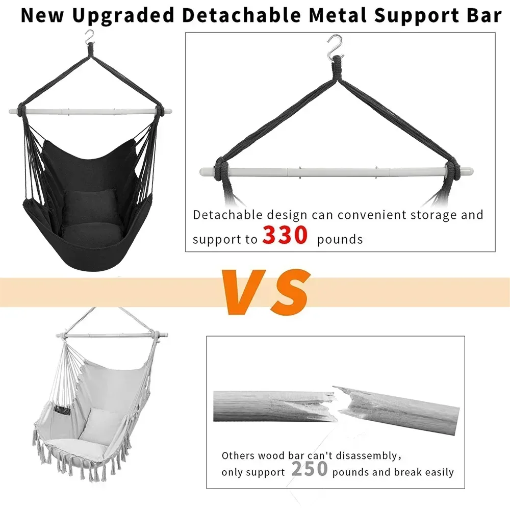 Large Hammock Chair Swing, Relax Hanging Rope Swing Chair with Detachable Metal Support Bar & Two Seat Cushions, Cotton Hammock Chair Swing Seat for Yard Bedroom Patio Porch Indoor Outdoor - Image 14