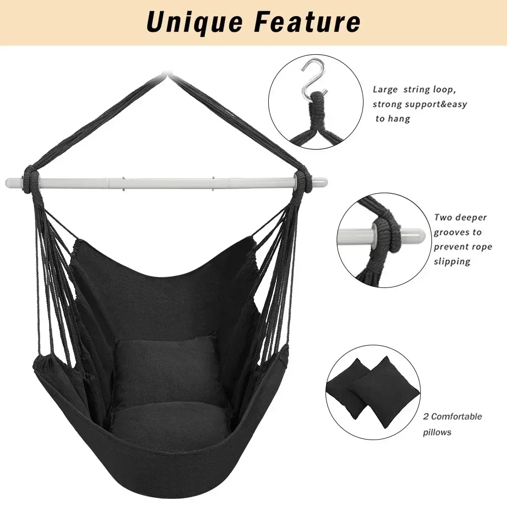 Large Hammock Chair Swing, Relax Hanging Rope Swing Chair with Detachable Metal Support Bar & Two Seat Cushions, Cotton Hammock Chair Swing Seat for Yard Bedroom Patio Porch Indoor Outdoor - Image 15