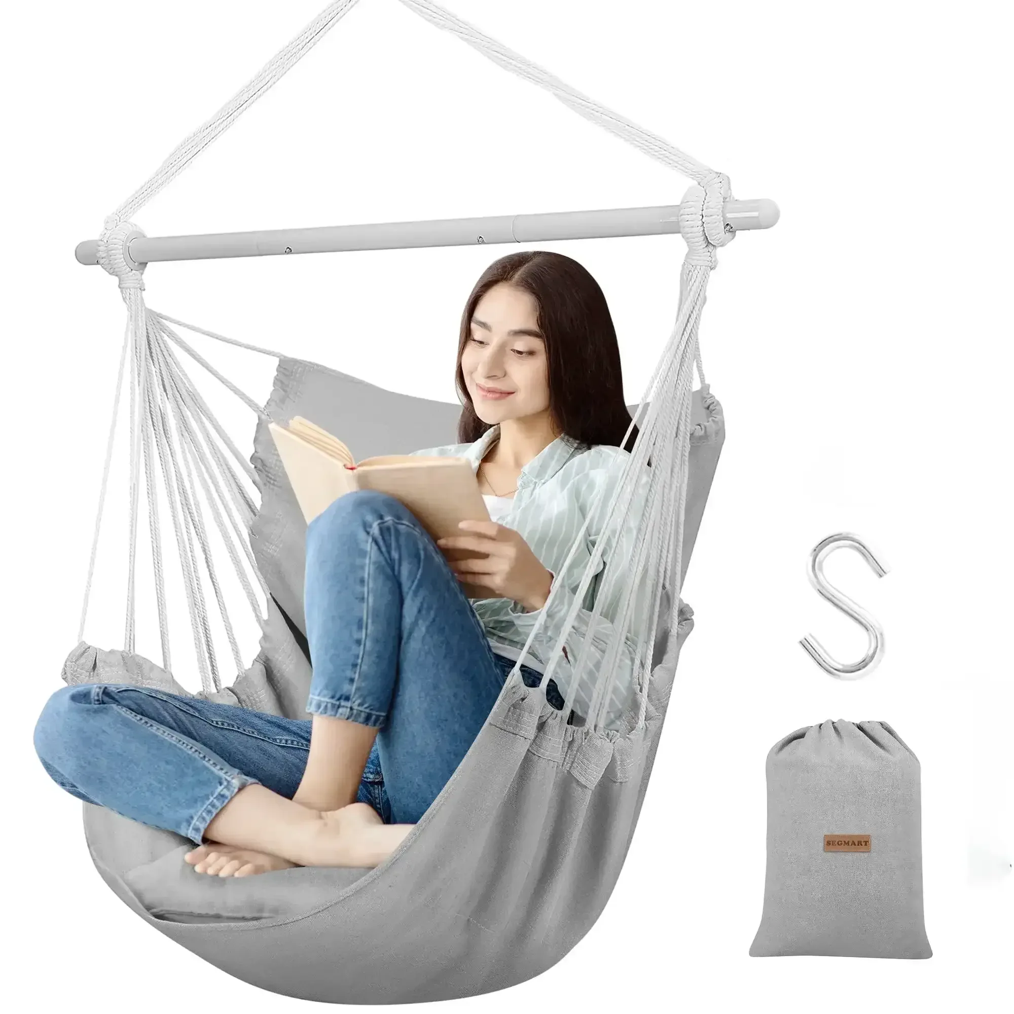 Large Hammock Chair Swing, Relax Hanging Rope Swing Chair with Detachable Metal Support Bar & Two Seat Cushions, Cotton Hammock Chair Swing Seat for Yard Bedroom Patio Porch Indoor Outdoor - Image 17