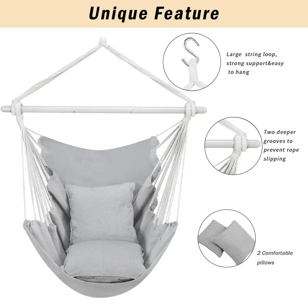 Large Hammock Chair Swing, Relax Hanging Rope Swing Chair with Detachable Metal Support Bar & Two Seat Cushions, Cotton Hammock Chair Swing Seat for Yard Bedroom Patio Porch Indoor Outdoor - Image 19