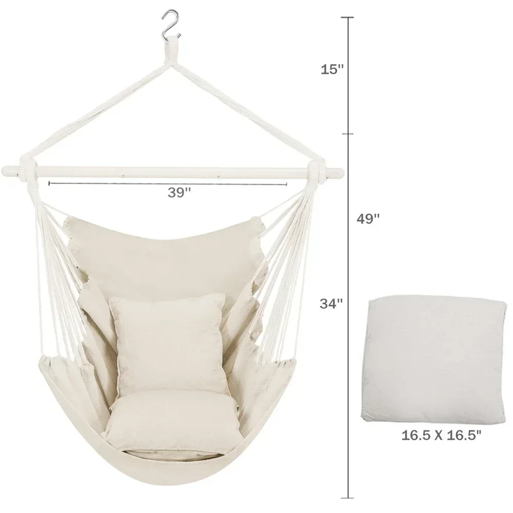Large Hammock Chair Swing, Relax Hanging Rope Swing Chair with Detachable Metal Support Bar & Two Seat Cushions, Cotton Hammock Chair Swing Seat for Yard Bedroom Patio Porch Indoor Outdoor - Image 2