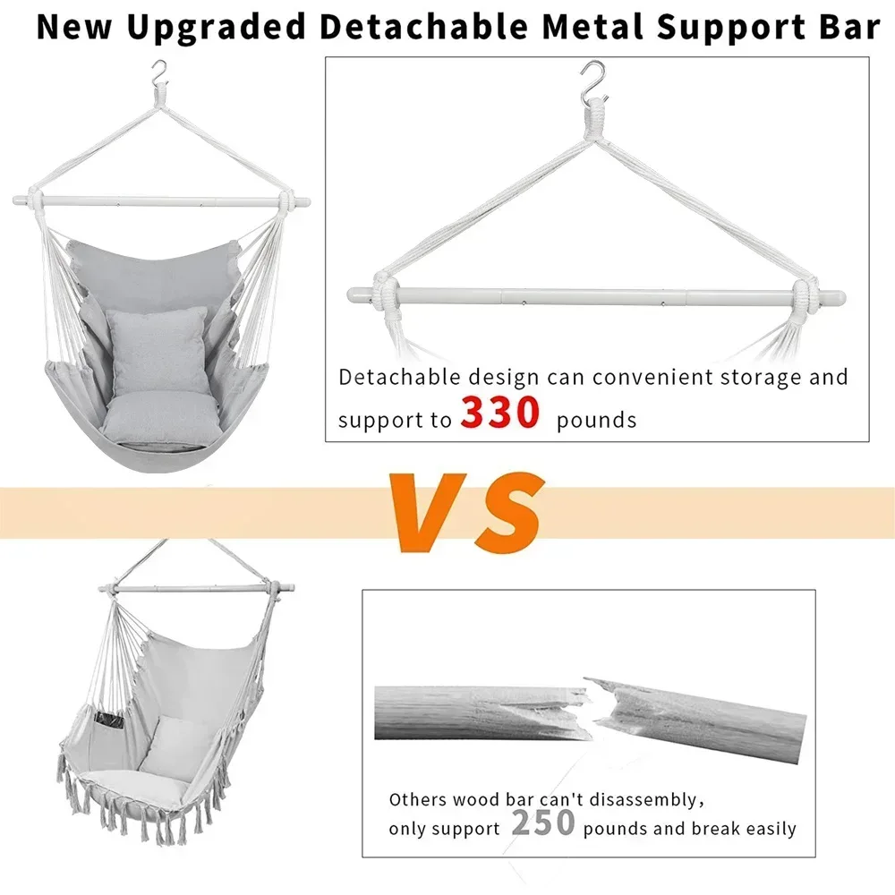 Large Hammock Chair Swing, Relax Hanging Rope Swing Chair with Detachable Metal Support Bar & Two Seat Cushions, Cotton Hammock Chair Swing Seat for Yard Bedroom Patio Porch Indoor Outdoor - Image 20