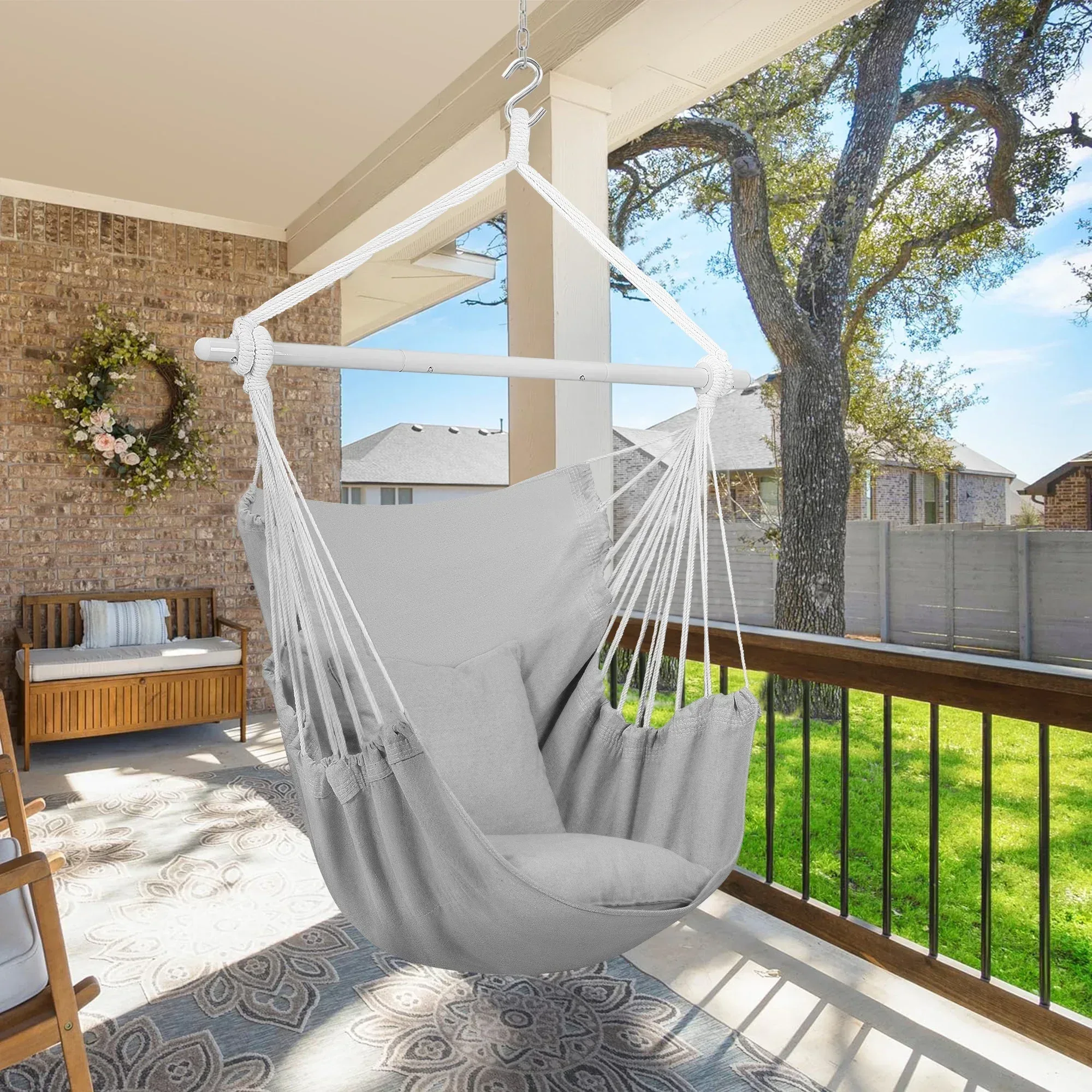 Large Hammock Chair Swing, Relax Hanging Rope Swing Chair with Detachable Metal Support Bar & Two Seat Cushions, Cotton Hammock Chair Swing Seat for Yard Bedroom Patio Porch Indoor Outdoor - Image 21