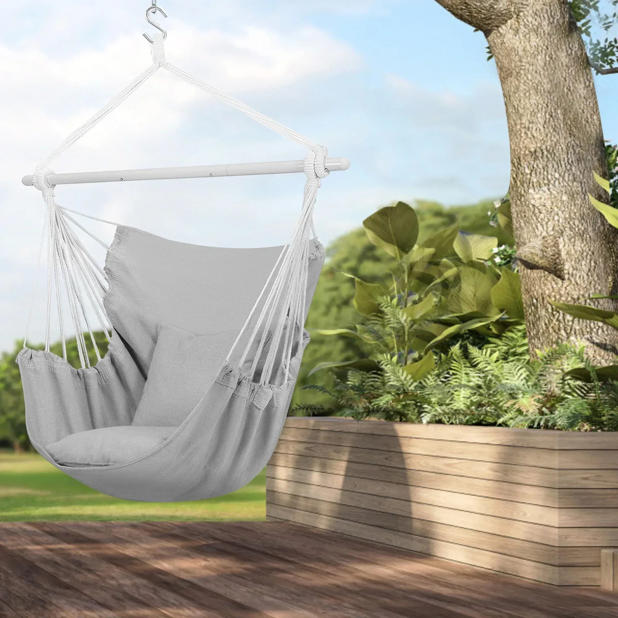 Large Hammock Chair Swing, Relax Hanging Rope Swing Chair with Detachable Metal Support Bar & Two Seat Cushions, Cotton Hammock Chair Swing Seat for Yard Bedroom Patio Porch Indoor Outdoor - Image 23