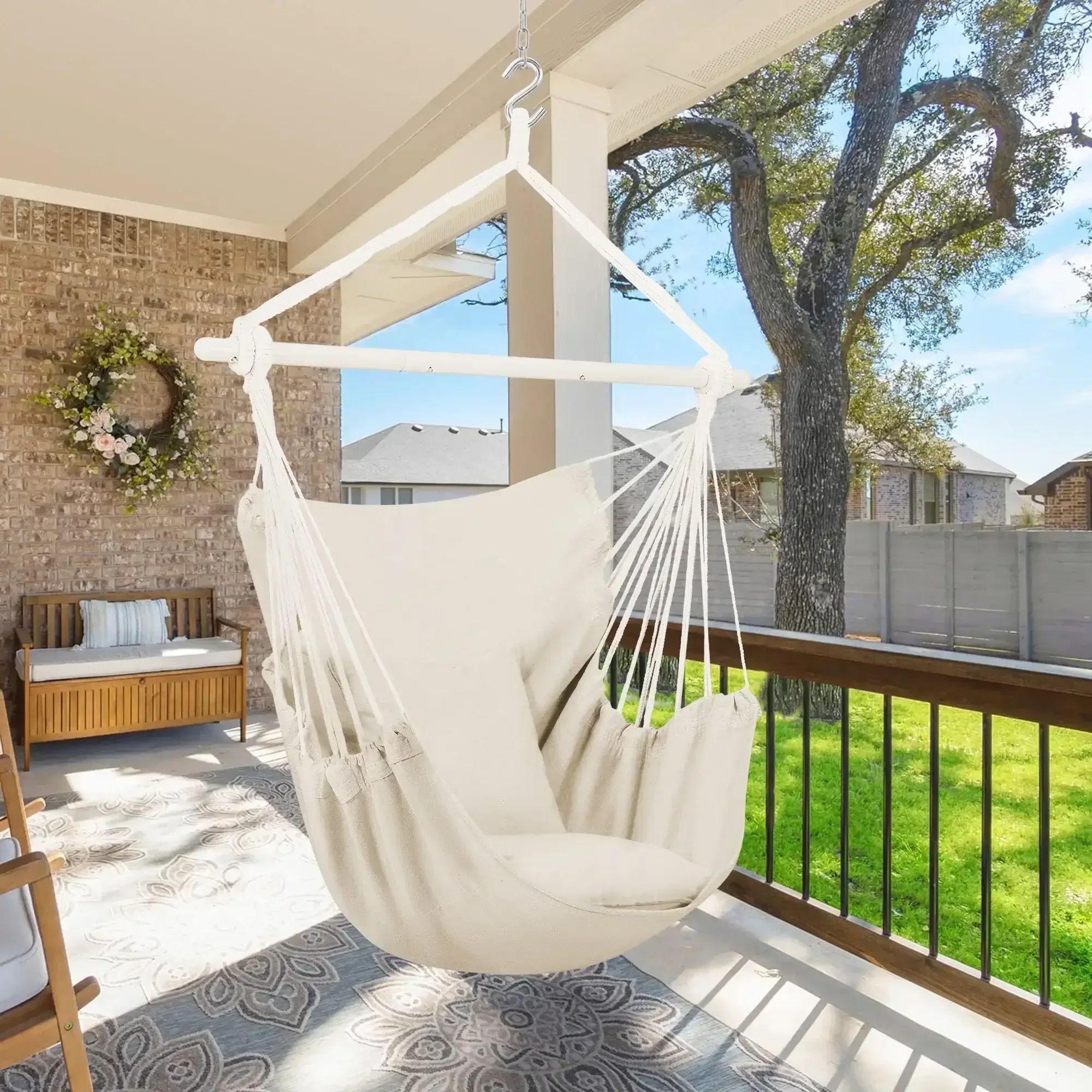 Large Hammock Chair Swing, Relax Hanging Rope Swing Chair with Detachable Metal Support Bar & Two Seat Cushions, Cotton Hammock Chair Swing Seat for Yard Bedroom Patio Porch Indoor Outdoor - Image 3
