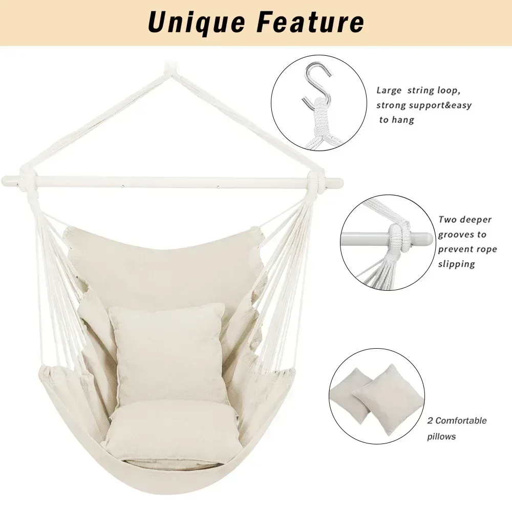 Large Hammock Chair Swing, Relax Hanging Rope Swing Chair with Detachable Metal Support Bar & Two Seat Cushions, Cotton Hammock Chair Swing Seat for Yard Bedroom Patio Porch Indoor Outdoor - Image 4