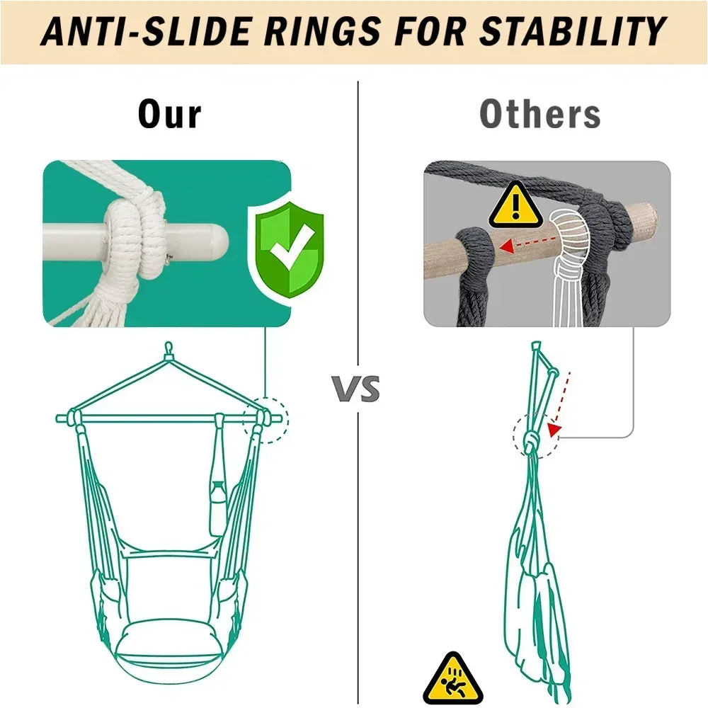 Large Hammock Chair Swing, Relax Hanging Rope Swing Chair with Detachable Metal Support Bar & Two Seat Cushions, Cotton Hammock Chair Swing Seat for Yard Bedroom Patio Porch Indoor Outdoor - Image 5