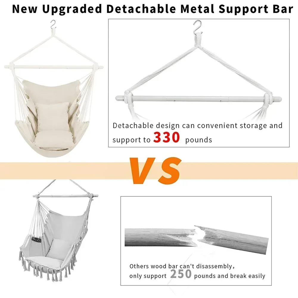 Large Hammock Chair Swing, Relax Hanging Rope Swing Chair with Detachable Metal Support Bar & Two Seat Cushions, Cotton Hammock Chair Swing Seat for Yard Bedroom Patio Porch Indoor Outdoor - Image 6