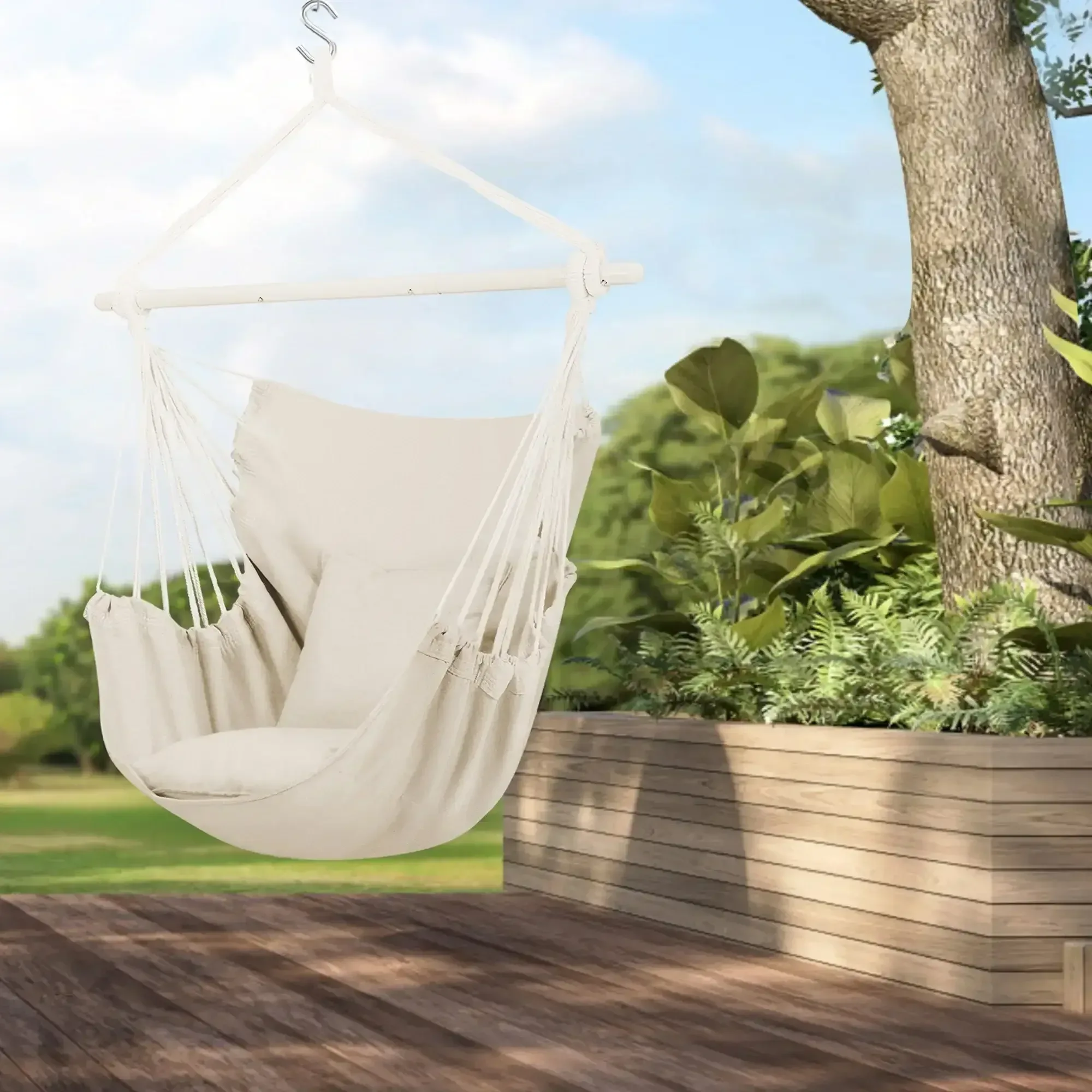 Large Hammock Chair Swing, Relax Hanging Rope Swing Chair with Detachable Metal Support Bar & Two Seat Cushions, Cotton Hammock Chair Swing Seat for Yard Bedroom Patio Porch Indoor Outdoor - Image 8