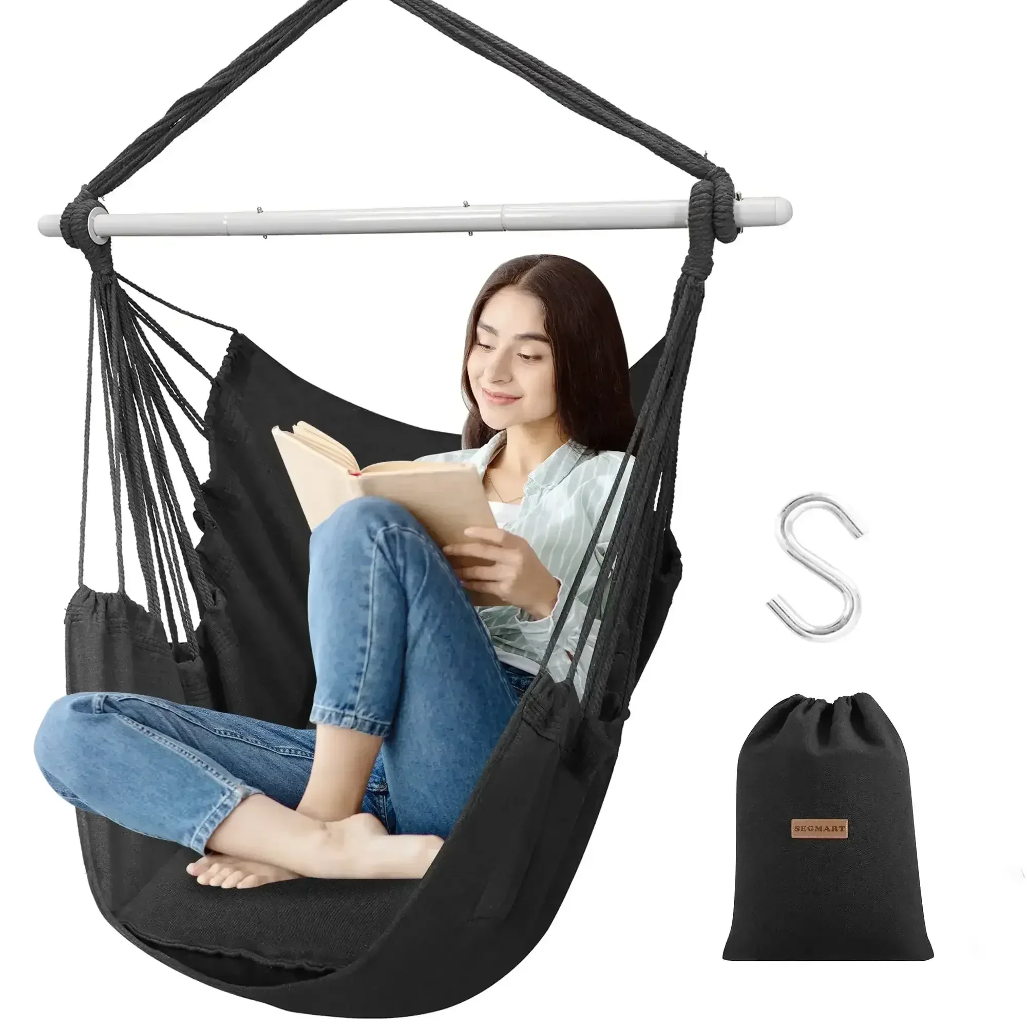 Large Hammock Chair Swing, Relax Hanging Rope Swing Chair with Detachable Metal Support Bar & Two Seat Cushions, Cotton Hammock Chair Swing Seat for Yard Bedroom Patio Porch Indoor Outdoor - Image 9