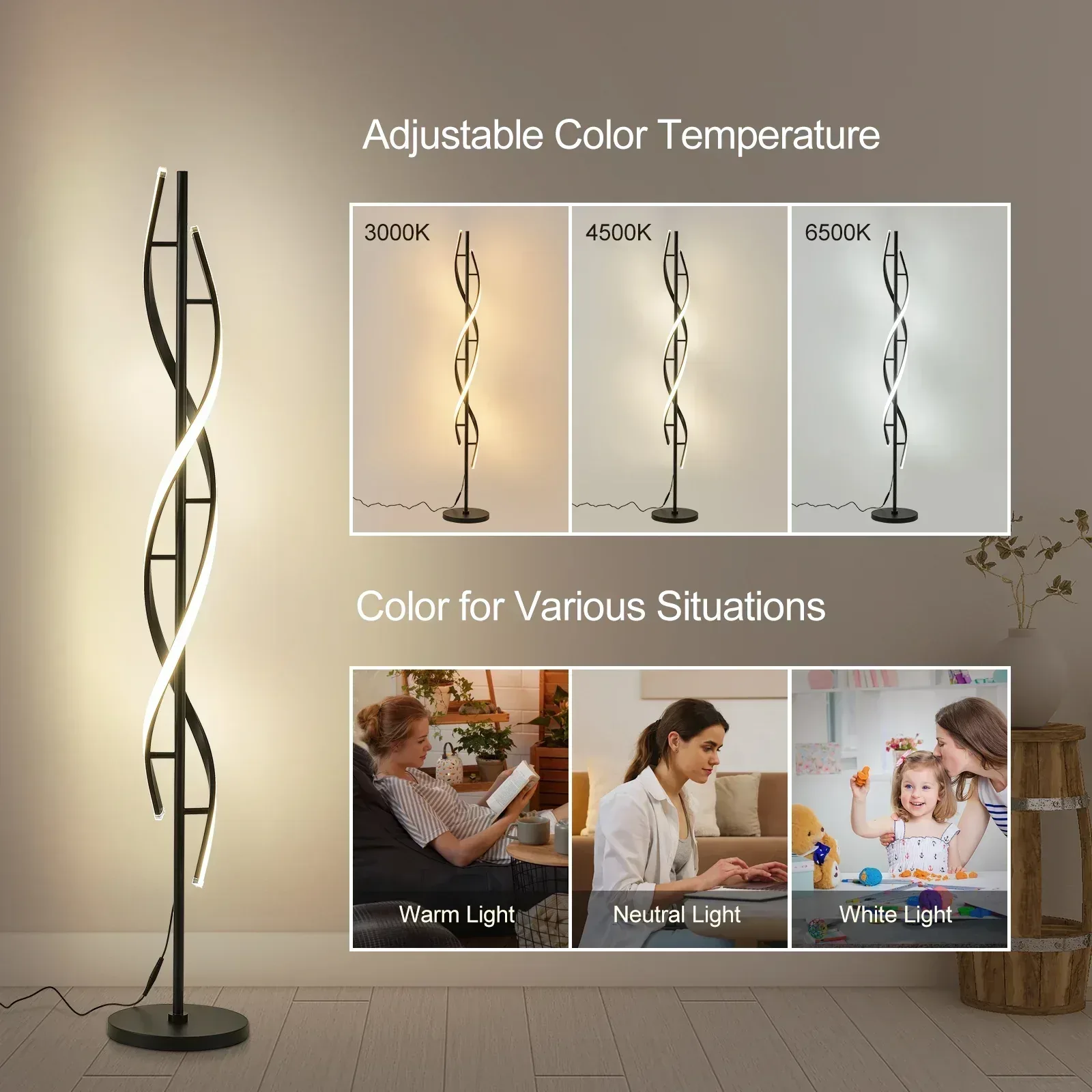 LED Spiral Floor Lamp 60 Inch Modern Floor Lamps Dimmable Black Standing Lamp 34W Contemporary Floor Lamps for Living Room Bedroom Kitchen Office - Image 2