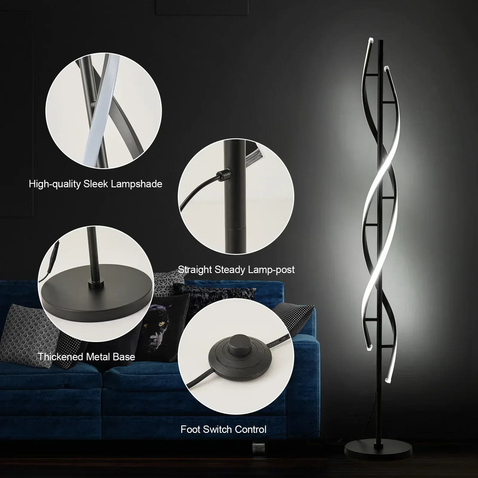 LED Spiral Floor Lamp 60 Inch Modern Floor Lamps Dimmable Black Standing Lamp 34W Contemporary Floor Lamps for Living Room Bedroom Kitchen Office - Image 4