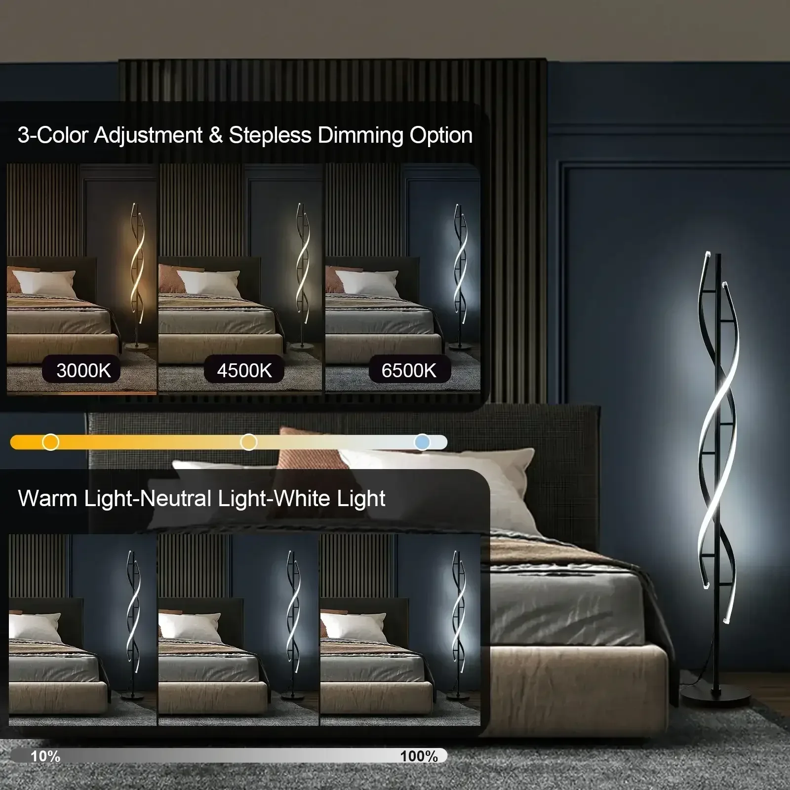 LED Spiral Floor Lamp 60 Inch Modern Floor Lamps Dimmable Black Standing Lamp 34W Contemporary Floor Lamps for Living Room Bedroom Kitchen Office - Image 5