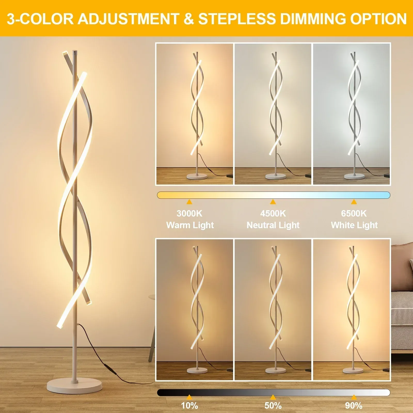 LED Spiral Floor Lamp 60 Inch Modern Floor Lamps Dimmable Black Standing Lamp 34W Contemporary Floor Lamps for Living Room Bedroom Kitchen Office - Image 9