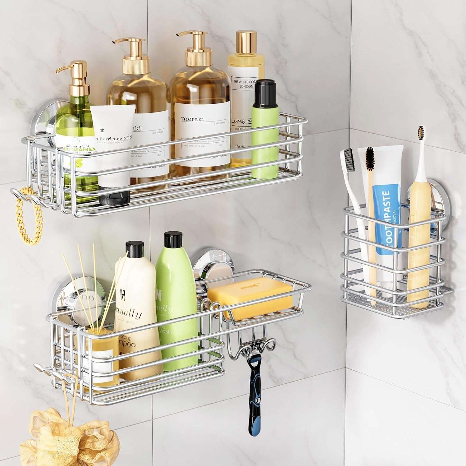 LEVERLOC Shower Caddy Suction Cup Set Shower Organizer & Soap Holder & Toothbrush Holder, Bathroom Shelf Basket NO-Drilling, Removable Suction Storage Waterproof Bathroom Caddy - Image 18
