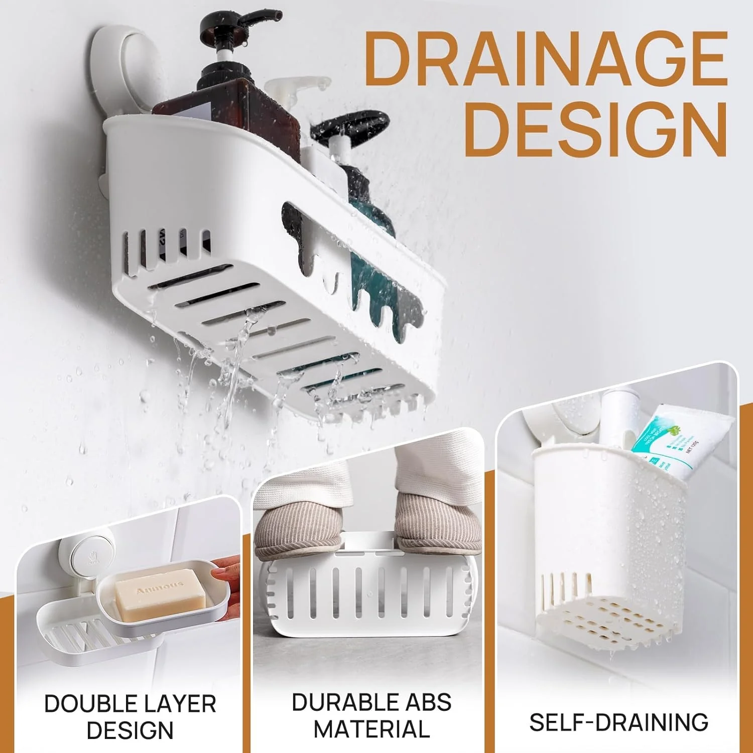 LEVERLOC Shower Caddy Suction Cup Set Shower Organizer & Soap Holder & Toothbrush Holder, Bathroom Shelf Basket NO-Drilling, Removable Suction Storage Waterproof Bathroom Caddy - Image 4