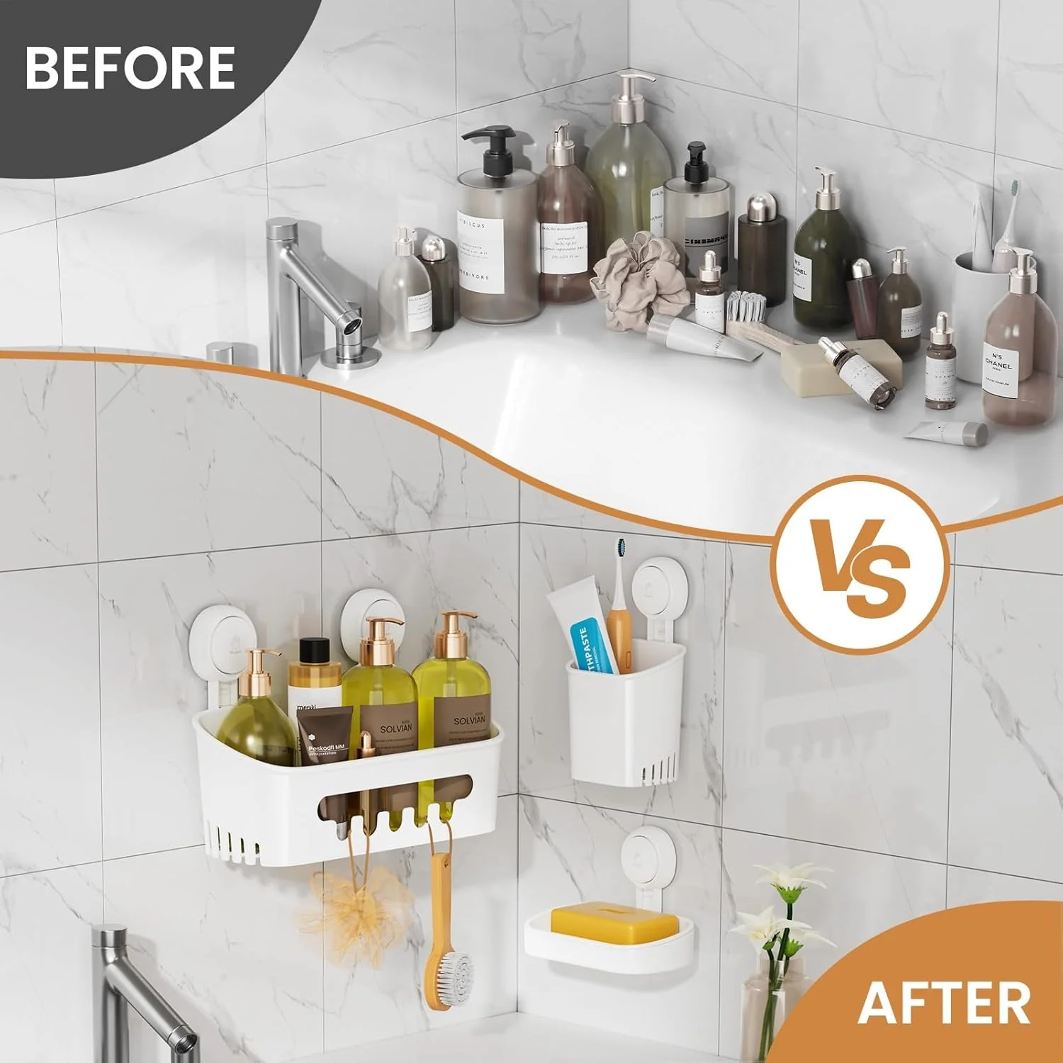LEVERLOC Shower Caddy Suction Cup Set Shower Organizer & Soap Holder & Toothbrush Holder, Bathroom Shelf Basket NO-Drilling, Removable Suction Storage Waterproof Bathroom Caddy - Image 9