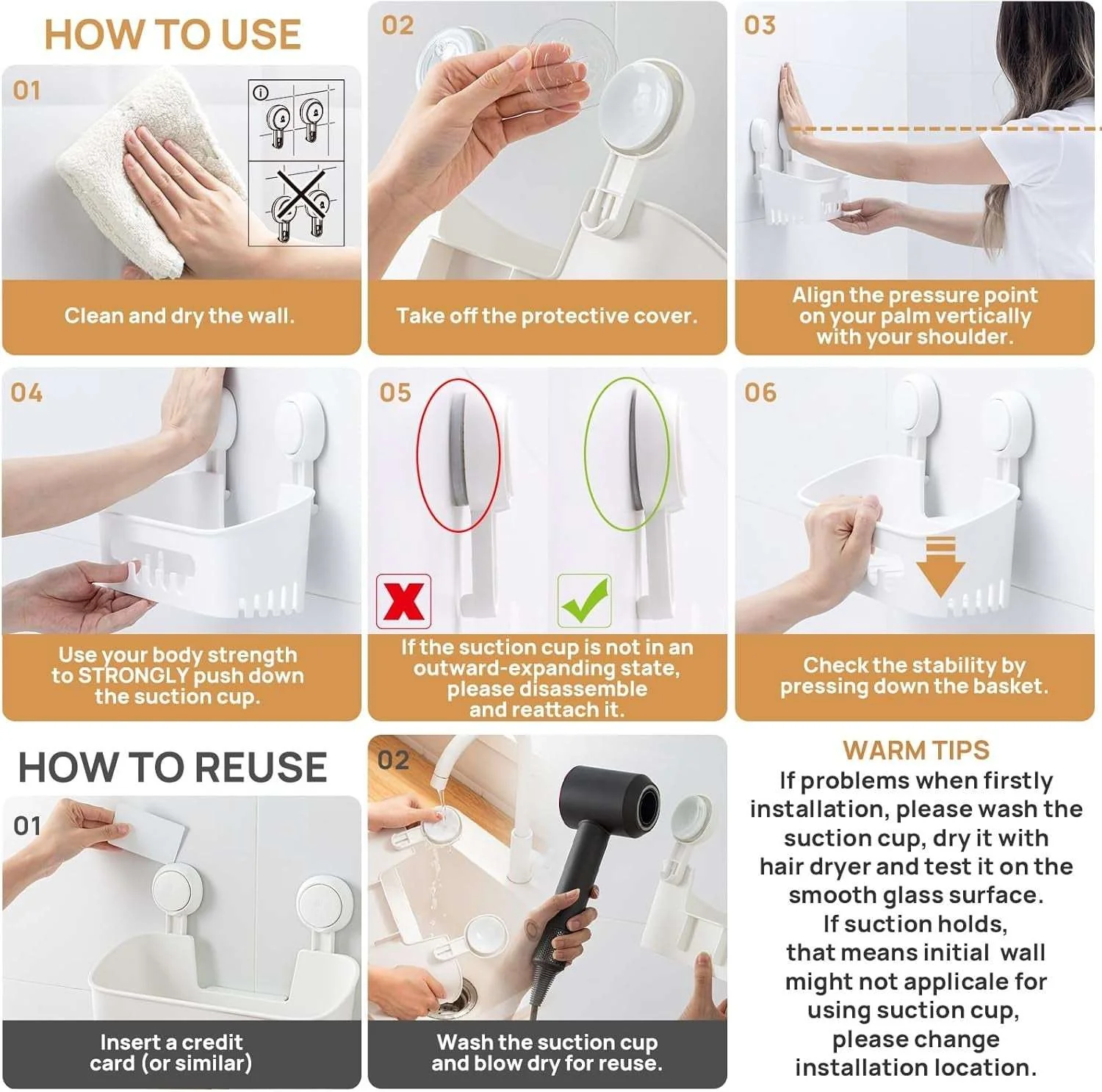 LEVERLOC Shower Caddy Suction Cup, Shower Organizer Removable Bathroom Shelf, Storage Suction Powerful Max Hold 22lbs Bathroom Caddy Waterproof Holder - Image 8
