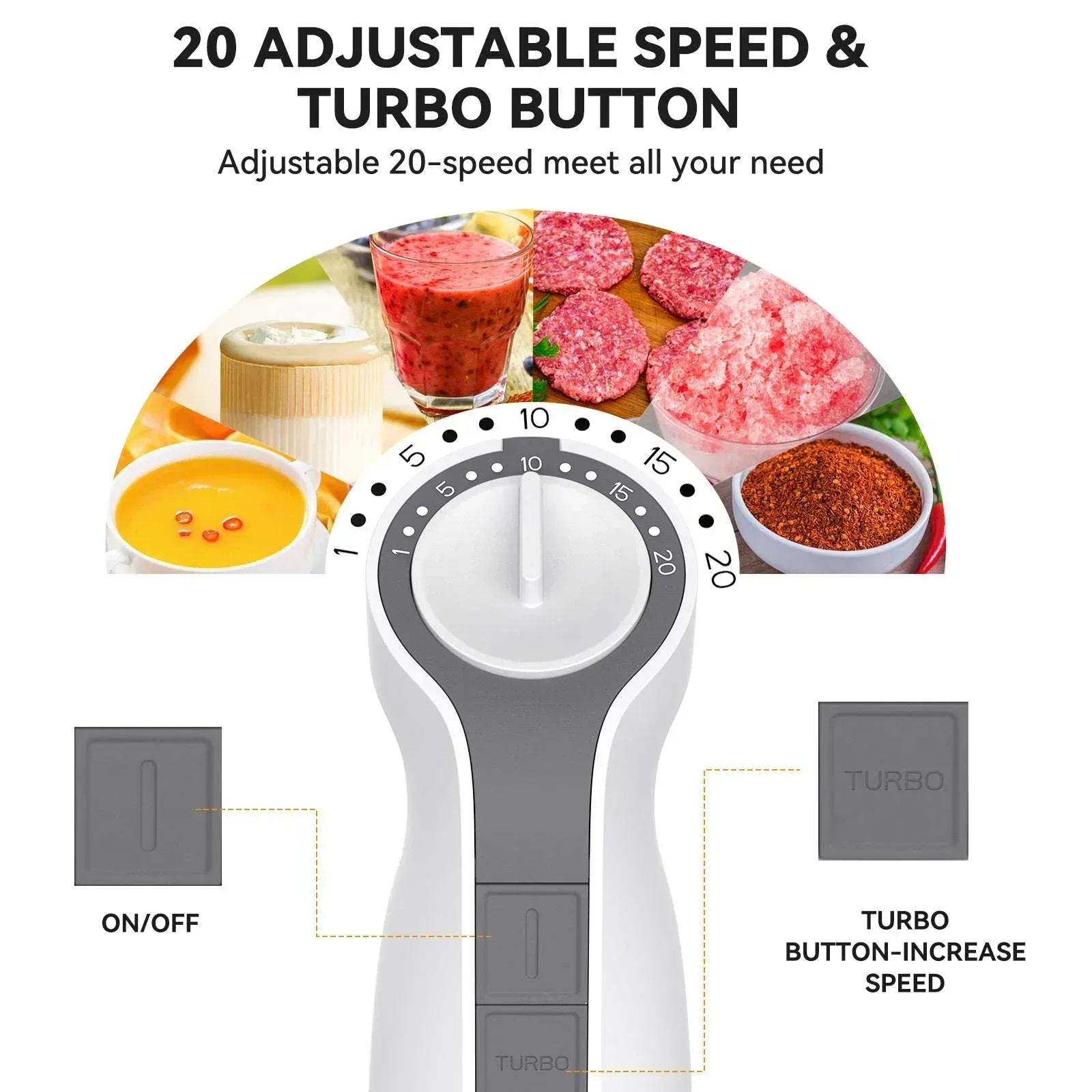 LINKChef Immersion Blender, 20-Speed 1000W 5-in-1 Immersion Hand Blender, Stick Blender with Turbo Mode, Baby Food Processor with Chopper, Blender for Kitchen with 600ml Beaker (White) - Image 10